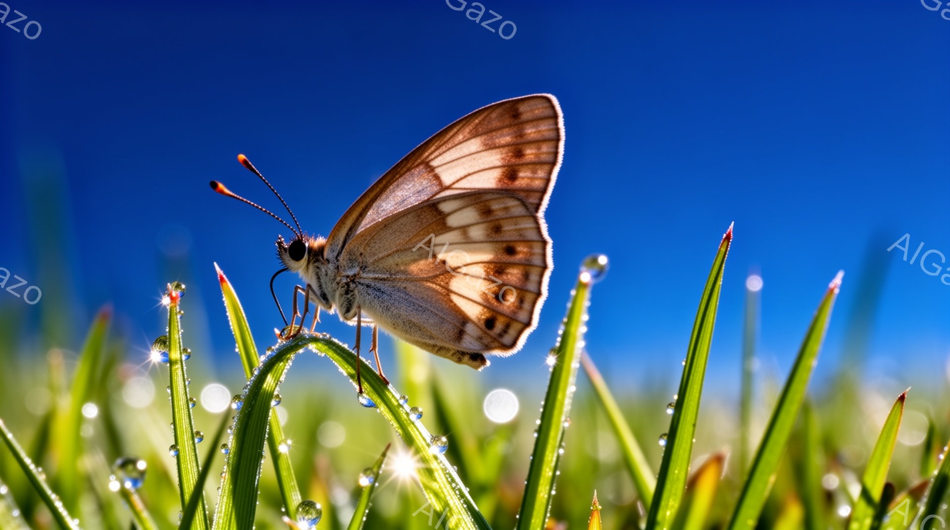 茶色と白の縞模様の蝶が、朝露に濡れた緑の草の上に止まっています。背景は鮮やかな青空で、草の葉には光が反射して小さな輝きが見られます。全体的に、爽やかで自然豊かな雰囲気が漂っています。 - AI生成フリー素材