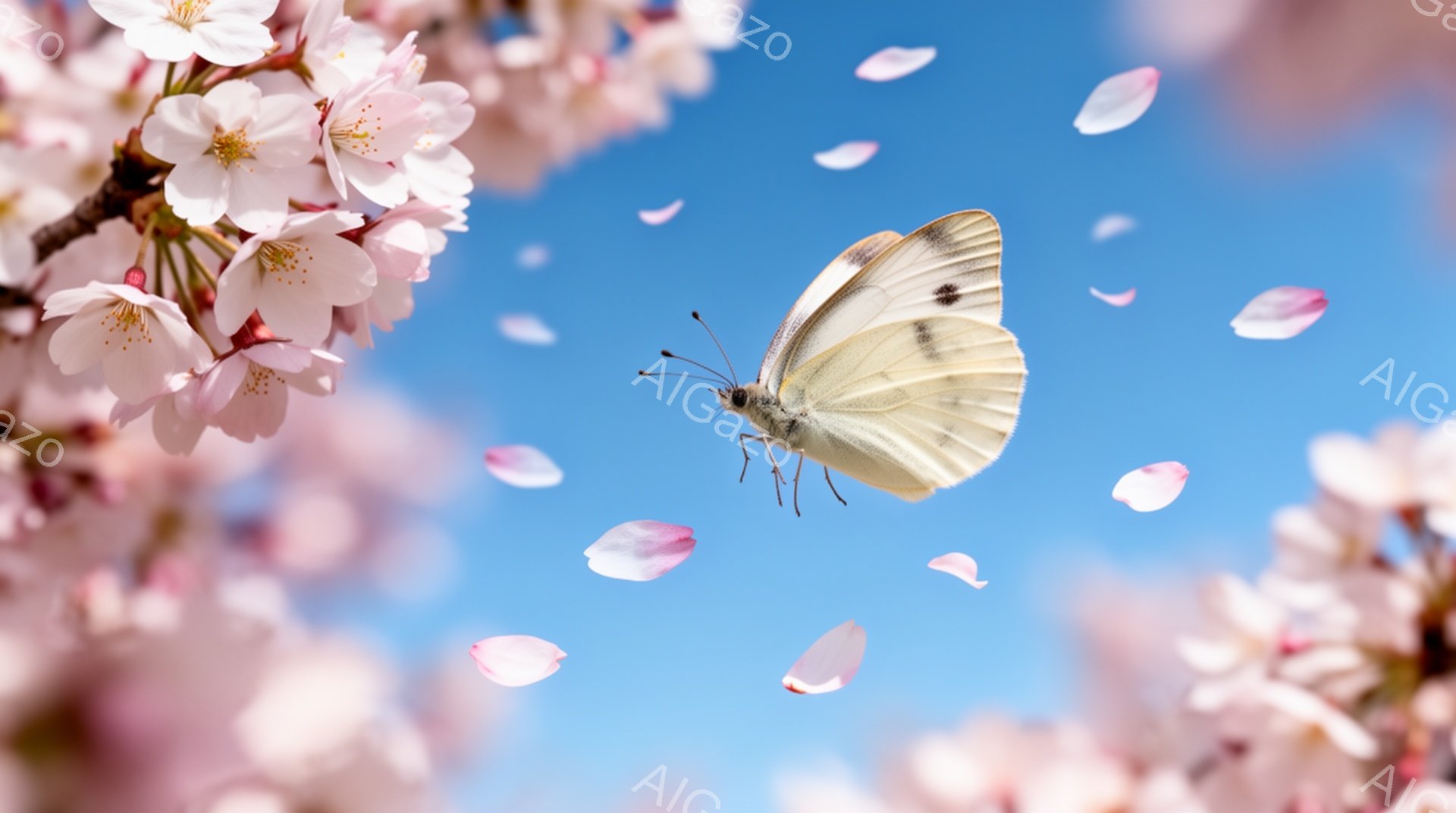空には淡いピンク色の桜の花びらが舞い、春の訪れを感じさせる美しい光景が広がっています。白く繊細な蝶が桜の花びらと青空の間を優雅に舞い、まるで春の精霊のような幻想的な姿を見せています。桜の枝にはピンク色の花が咲き誇り、背景の青空とのコントラストが、穏やかで詩的な雰囲気を醸し出しています。