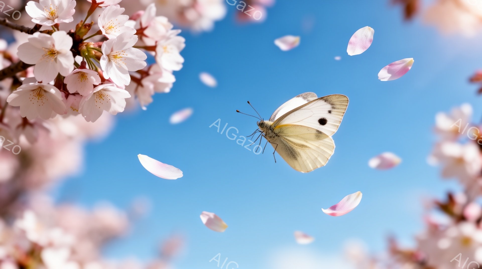 鮮やかな青空を背景に、桜の花びらが舞い散る中で、白い蝶が優雅に飛び交っている。桜の花は画面の周囲を彩り、春の暖かく穏やかな雰囲気を醸し出している。蝶の繊細な羽の模様と、桜の淡いピンク色が、春の美しさを際立たせている。
