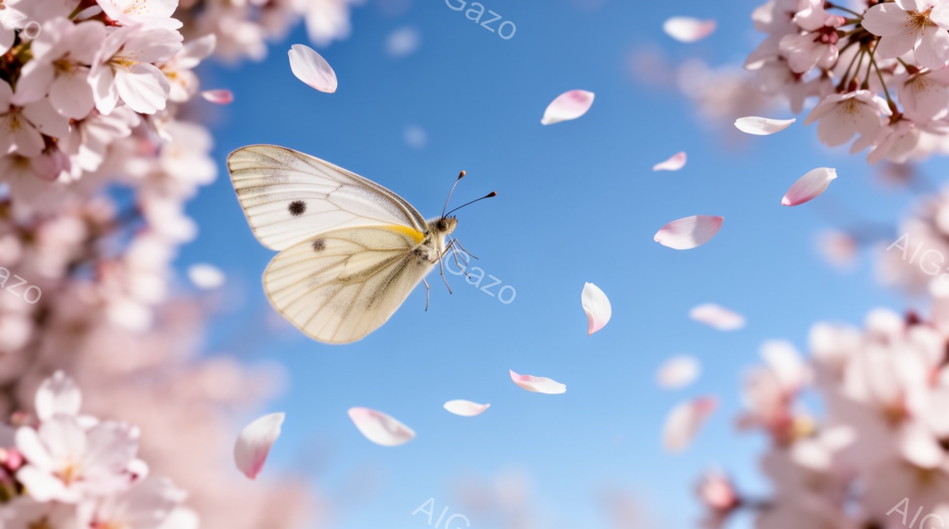 空には桜の花びらが舞い、白い蝶が優雅に飛び回っている様子が捉えられています。背景は桜の花で満たされ、春の暖かく穏やかな雰囲気を醸し出しています。青空と淡いピンク色のコントラストが、幻想的で美しい情景を - AI生成フリー素材