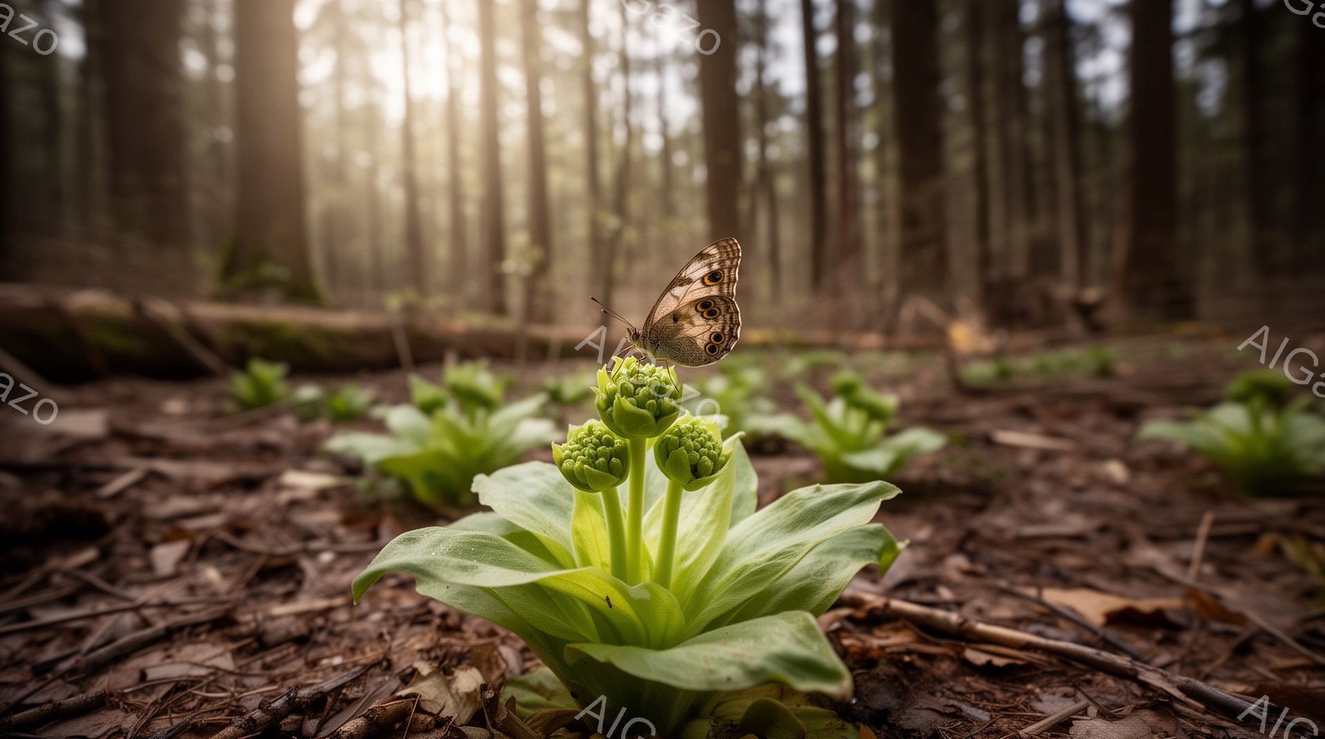 森林の床に咲く美しい緑色の植物に、模様のある茶色の蝶がとまっている。背景にはぼやけた木々の列が広がり、太陽光が葉の間から差し込み、神秘的な雰囲気を醸し出している。落ち葉で覆われた地面と柔らかな光が、自然の静けさと生命力を感じさせる。