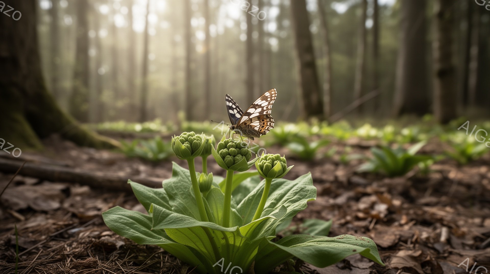 湿った森の中で、緑色の若葉が中央に咲き誇る植物が捉えられています。鮮やかなオレンジと黒の模様を持つ蝶が、その蕾の上に静止し、まるで宝石のように輝いています。背景にはぼやけた木々のシルエットが広がり、光 - AI生成フリー素材