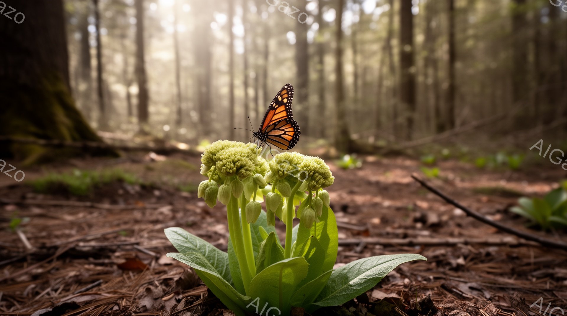 緑豊かな森の中で、白い芽吹きの植物の上にオレンジと黒の美しい蝶がとまっている様子が捉えられています。日の光が木々の間から差し込み、植物と蝶を照らし出し、背景の森はぼんやりと霞んでいて、神秘的な雰囲気を - AI生成フリー素材