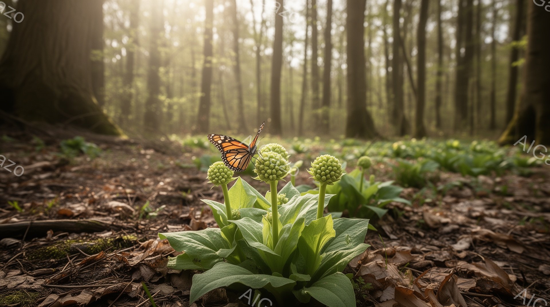 湿った森の床に咲く若い芽の上に、鮮やかなオレンジと黒の模様を持つ蝶がとまっている。背景には、木々が立ち並び、光が差し込み、幻想的な雰囲気を醸し出している。落ち葉と緑の植物が地面を覆い、春の訪れを感じさ - AI生成フリー素材