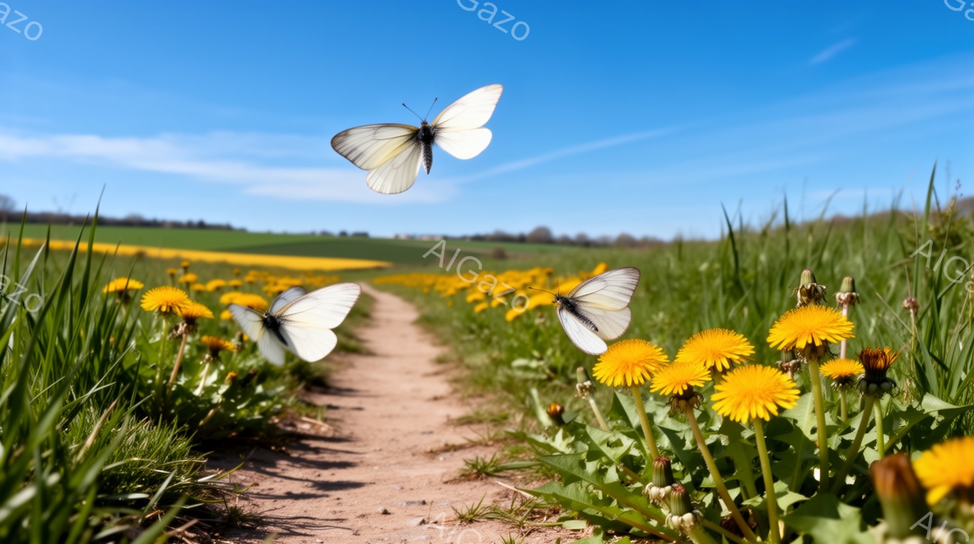 鮮やかな青空の下、タンポポが咲き乱れる草原の道が描かれている。白い蝶が数羽、タンポポの上を舞い、春の暖かさと生命力を感じさせる風景だ。道は遠くの丘へと続いており、緑豊かな自然が広がっている。