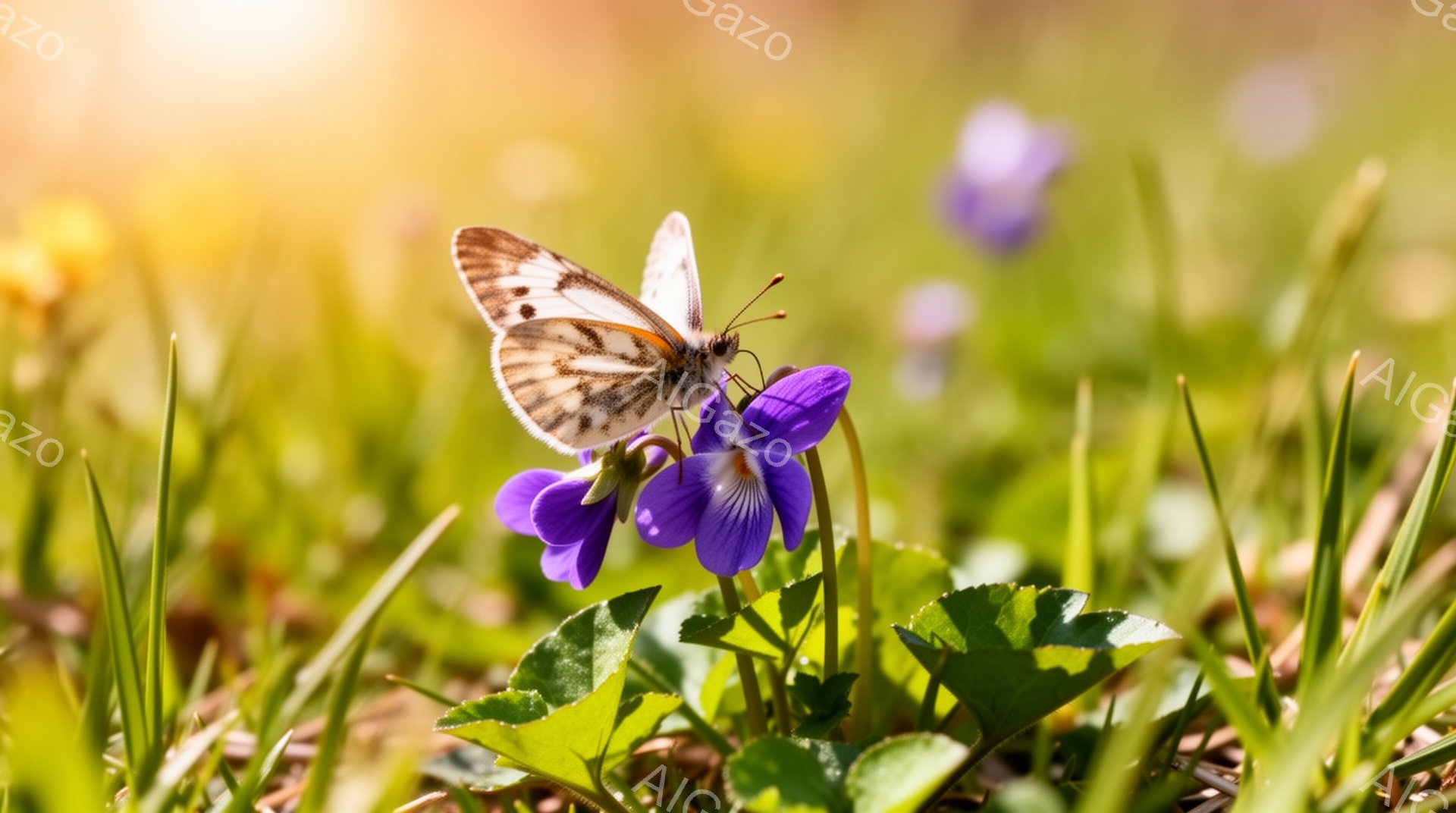 紫色のスミレの花に、オレンジと黒の模様を持つアゲハチョウがとまっている。背景には緑色の草が生い茂り、柔らかい日差しが差し込んでいるため、春の穏やかな暖かさを感じさせる。全体的に鮮やかで、自然の美しさが - AI生成フリー素材