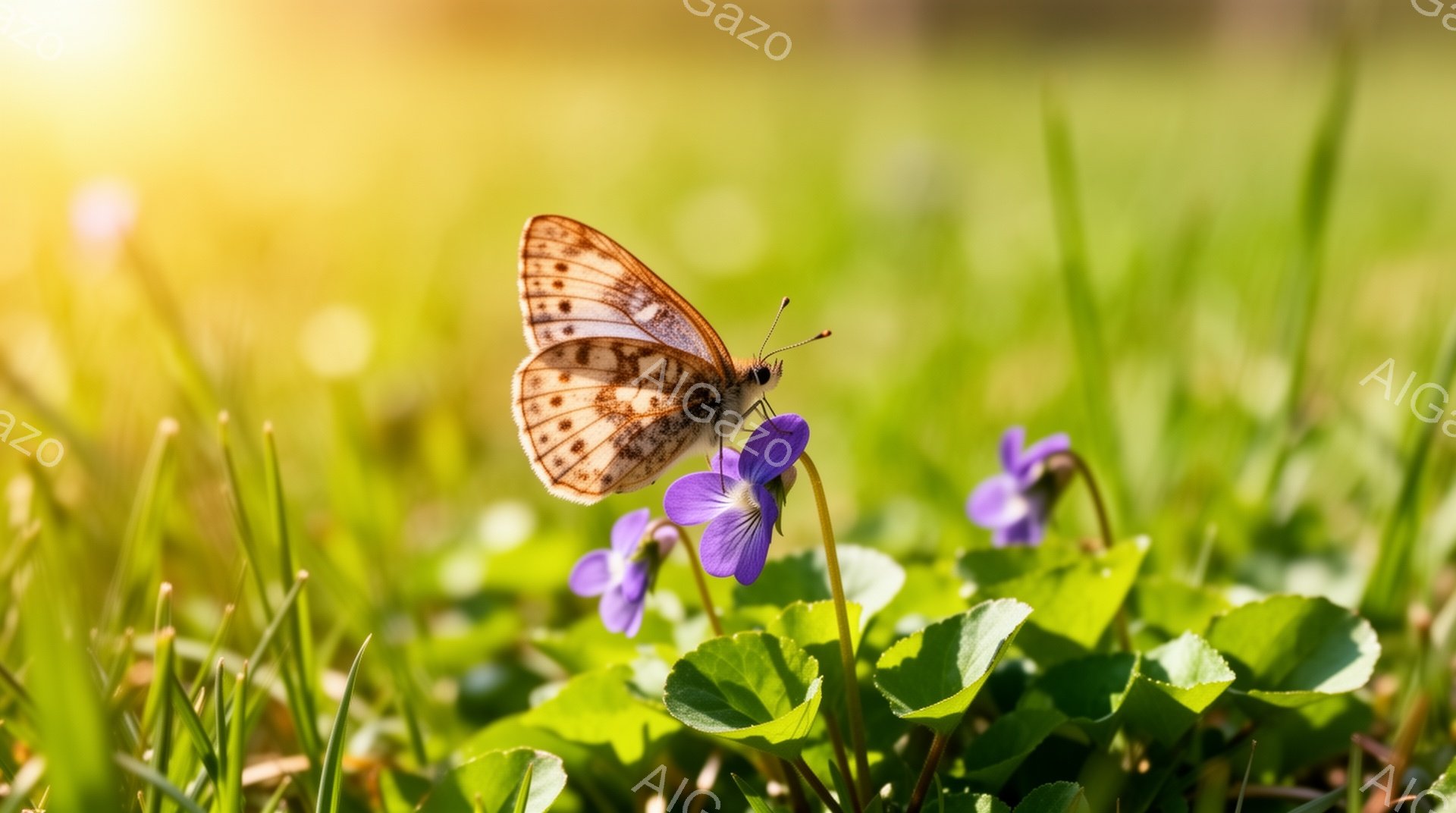 鮮やかな緑色の草むらの中に、紫色のスミレの花にとまっている茶色と黒の模様の蝶が写っている。背景はぼやけており、太陽の光が差し込み、暖かく穏やかな雰囲気を醸し出している。蝶は花から蜜を吸っているようで、 - AI生成フリー素材