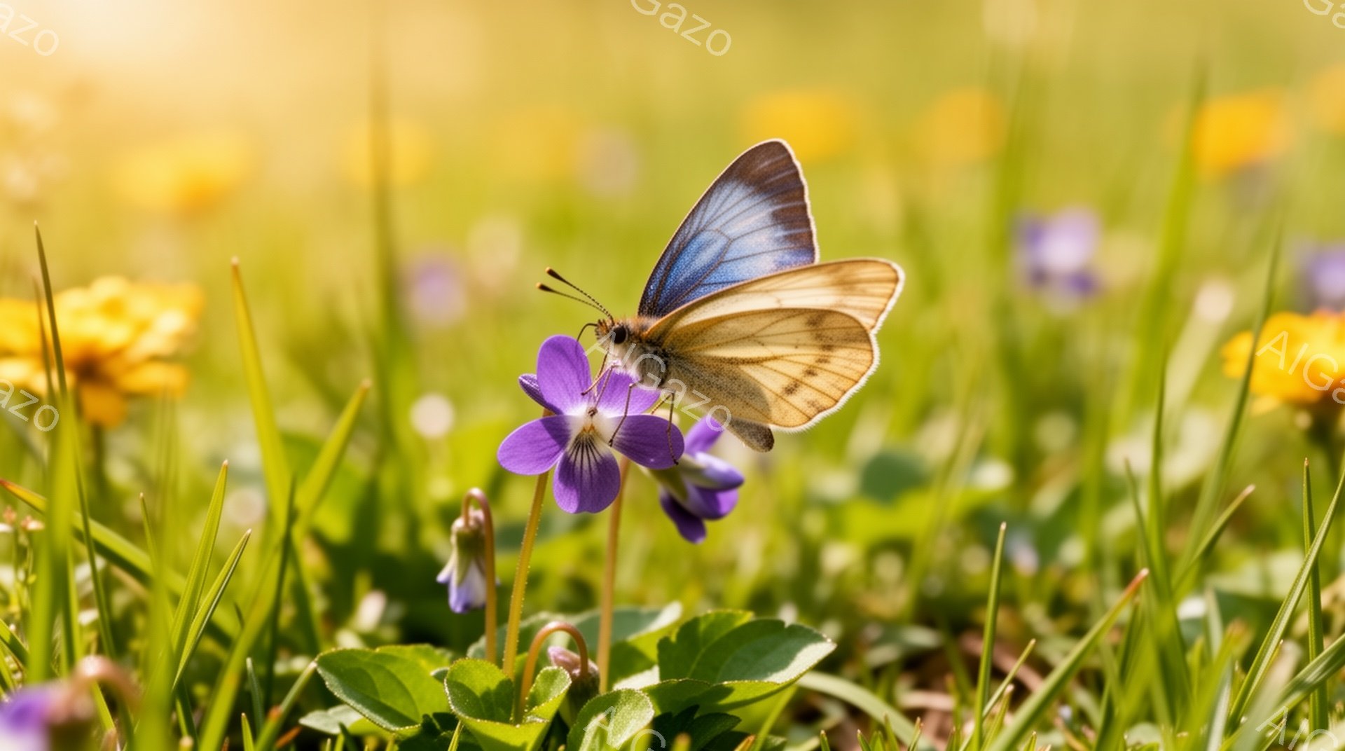 鮮やかな緑の草むらの中に、紫色のスミレの花に淡い黄色の蝶が止まっています。蝶は翼を広げ、花から蜜を吸っているようです。背景には、ぼやけた黄色い花々が咲き、日が差し込み、全体的に明るく穏やかな春の雰囲気 - AI生成フリー素材