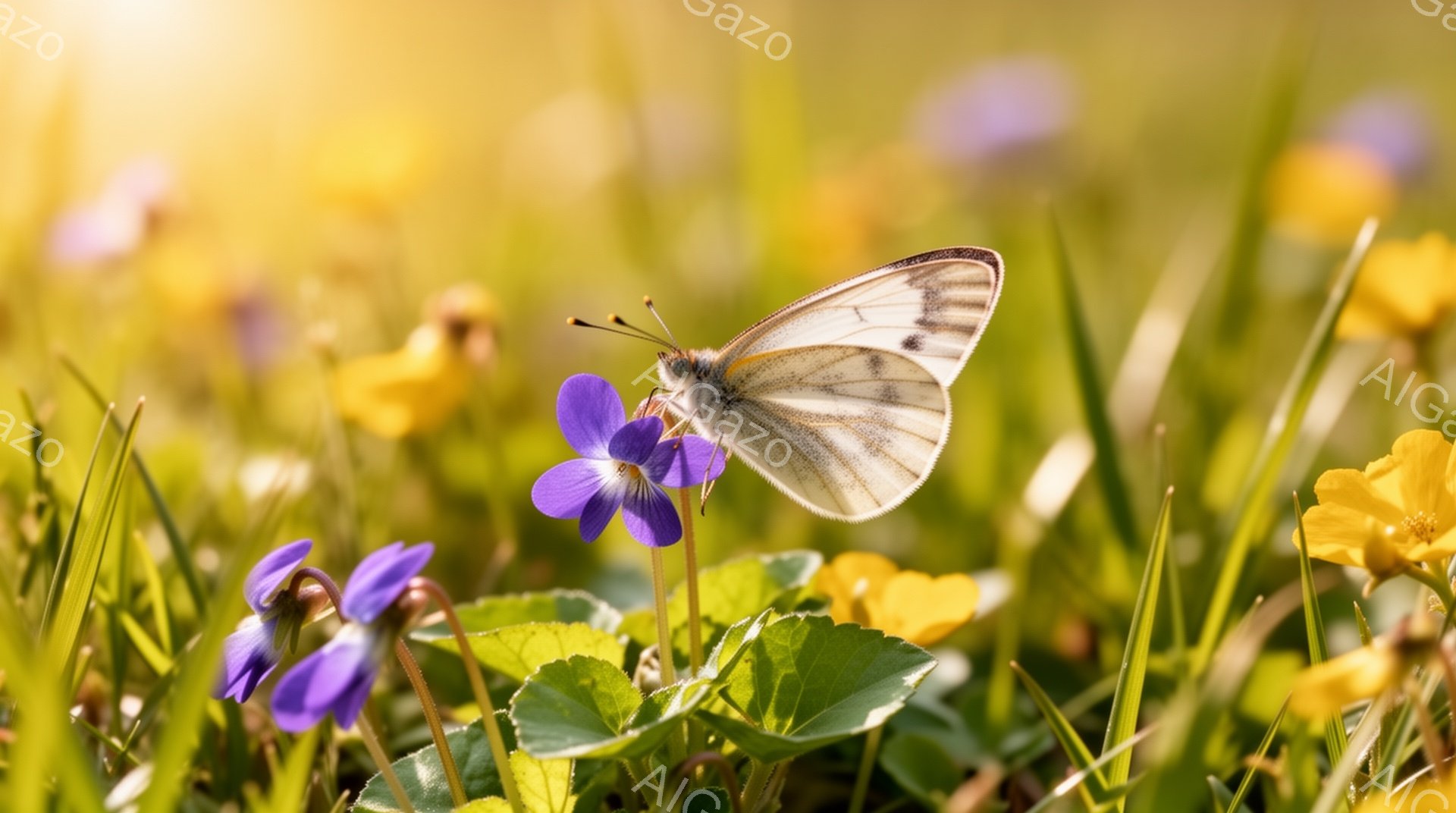 鮮やかな緑の草むらの中に、紫色のスミレと黄色の花が咲き乱れ、その上に白い縞模様の蝶がとまっている。蝶は花の上で静かに羽を休め、春の暖かさと自然の美しさを感じさせる。背景はぼやけており、明るい光が差し込 - AI生成フリー素材