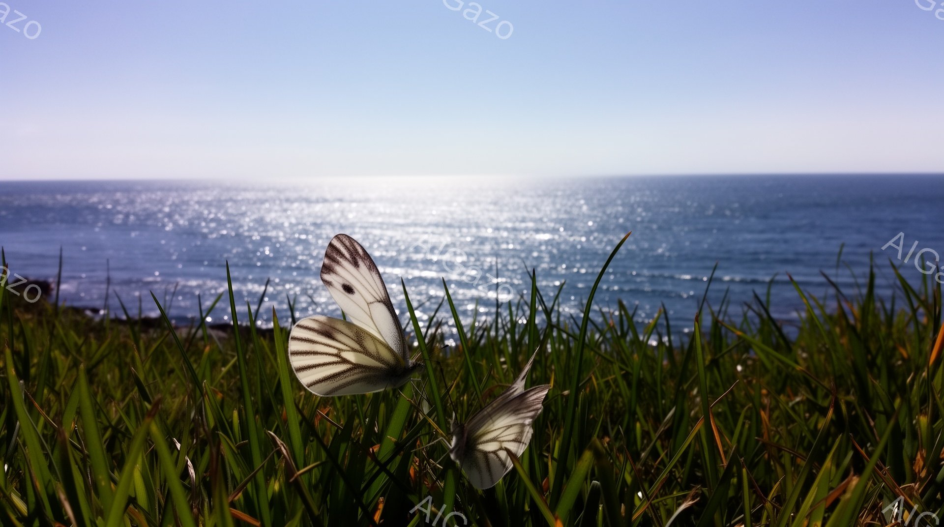 鮮やかな緑色の草むらの中に、縞模様の白い蝶が2匹とまっている。背景には、太陽の光を反射してキラキラと輝く青い海と海岸線が広がり、穏やかで平和な雰囲気を醸し出している。全体的に、自然の美しさと静けさが強調された、美しい光景である。