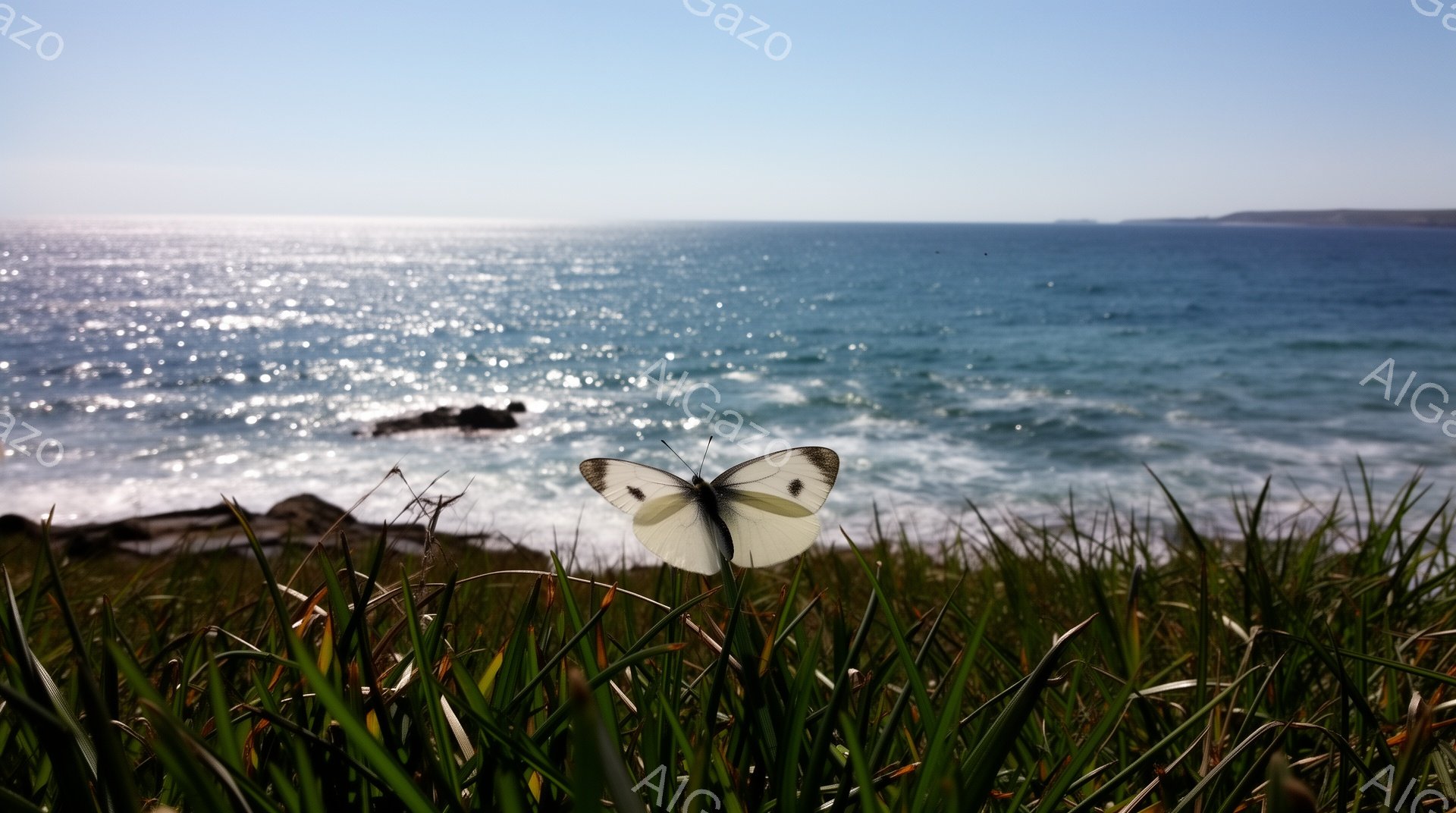 白い蝶が緑色の草の上に静止している。背景には、波が打ち寄せ、太陽の光を反射して輝く青い海が広がり、遠くには海岸線が見える穏やかな風景だ。全体的に、自然の美しさと静けさを感じさせる、平和で穏やかな雰囲気である。
