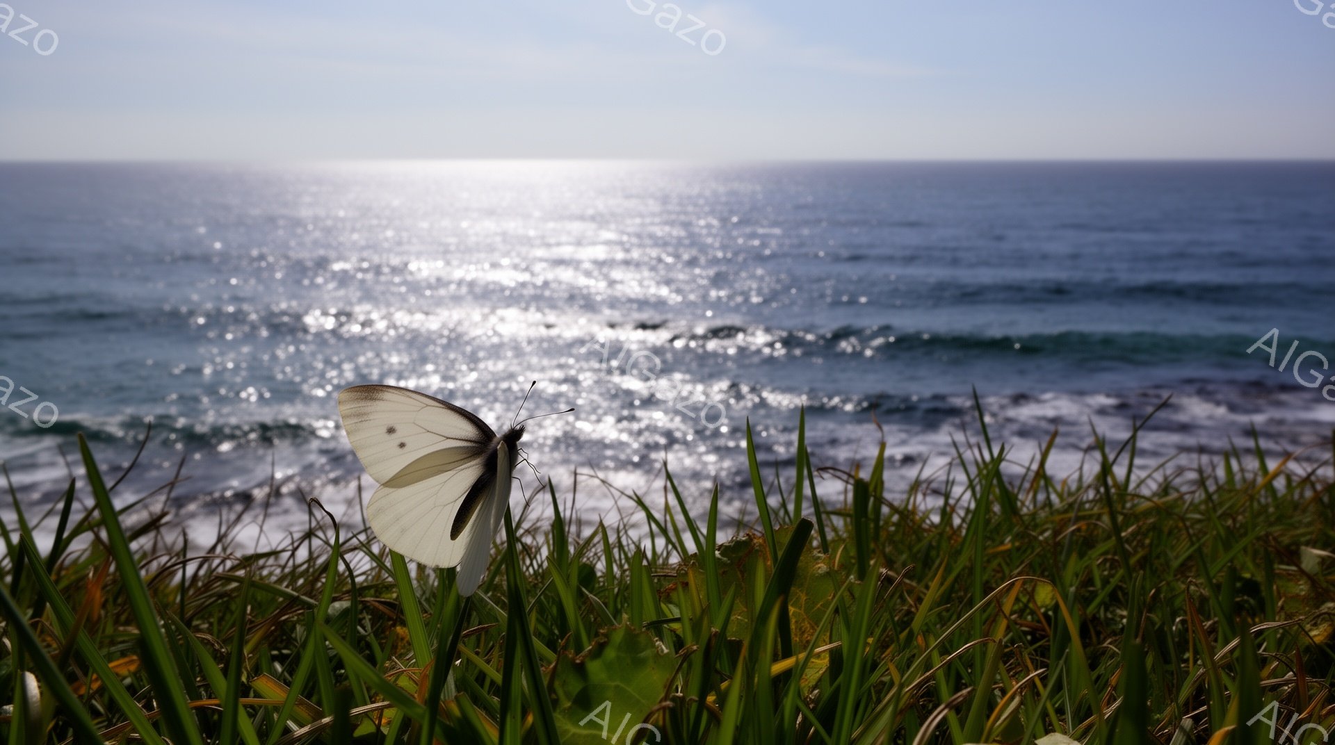 白い蝶が緑の草の上に止まっており、背景には太陽の光が反射してきらめく海が広がっています。波は穏やかで、空は晴れており、全体的に穏やかで平和な雰囲気を醸し出しています。草の緑と蝶の白が鮮やかで、自然の美 - AI生成フリー素材