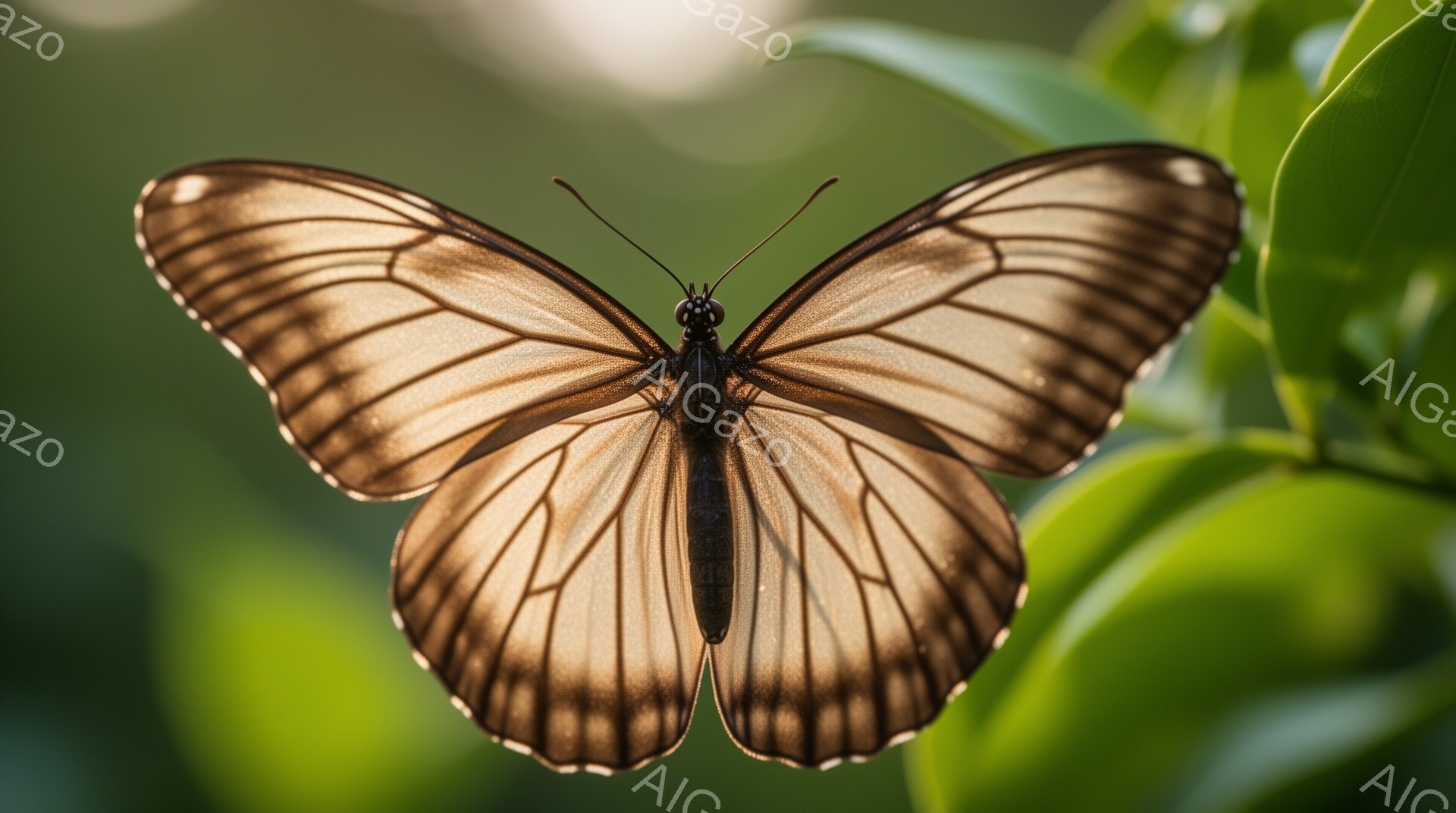 鮮やかな緑の葉の上に、複雑な模様の茶色の蝶が羽を広げて止まっています。蝶の翅は、光を透過する繊細な網目模様で覆われており、まるでステンドグラスのようです。背景はぼやけた緑色で、蝶の美しい模様が際立っています。