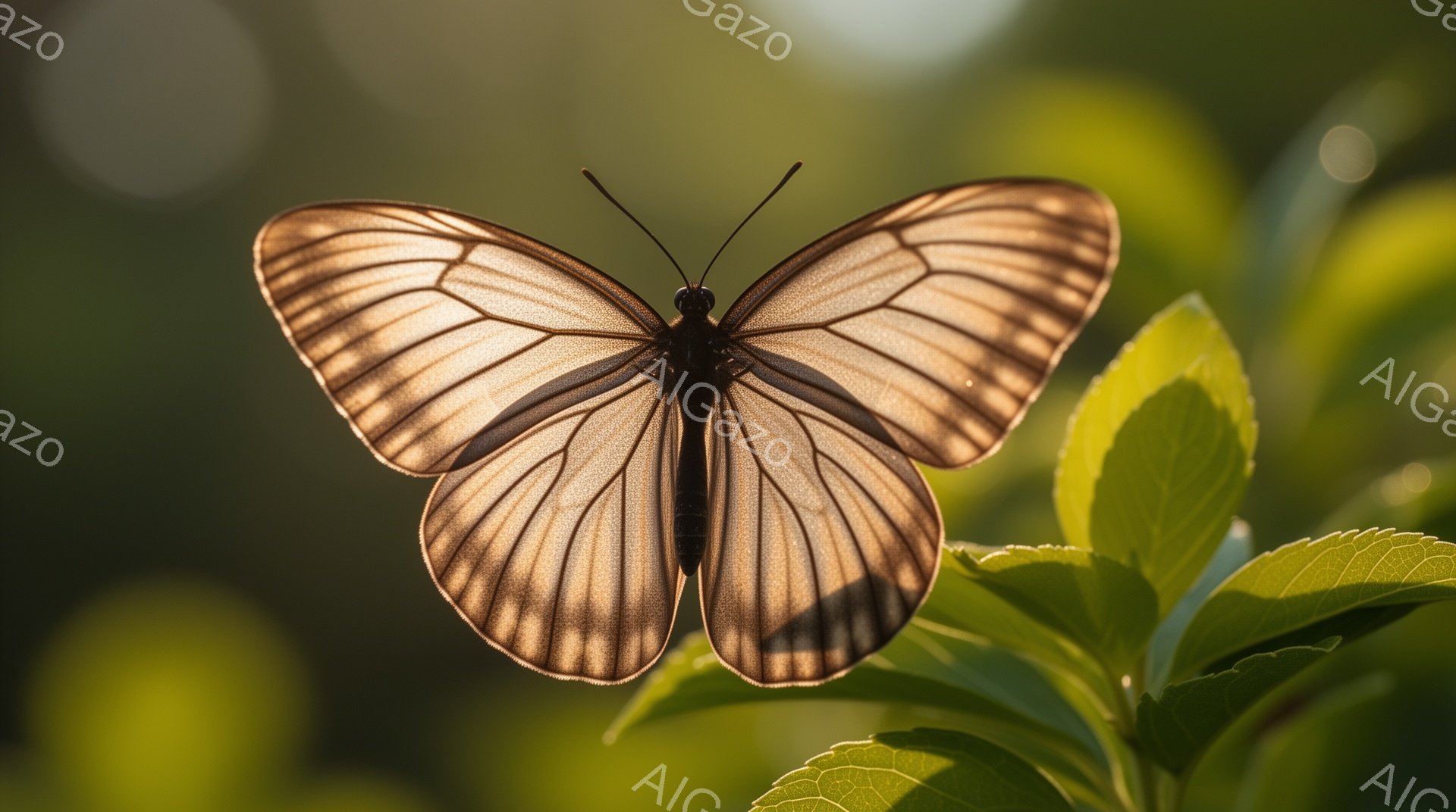 光を通す薄茶色の羽を持つ蝶が、緑色の葉の上にとまっている。背景はぼやけた緑色の自然で、光が差し込み、暖かい雰囲気を醸し出している。蝶の繊細な模様と葉の鮮やかな緑色が印象的な、静かで美しい瞬間を捉えた写 - AI生成フリー素材