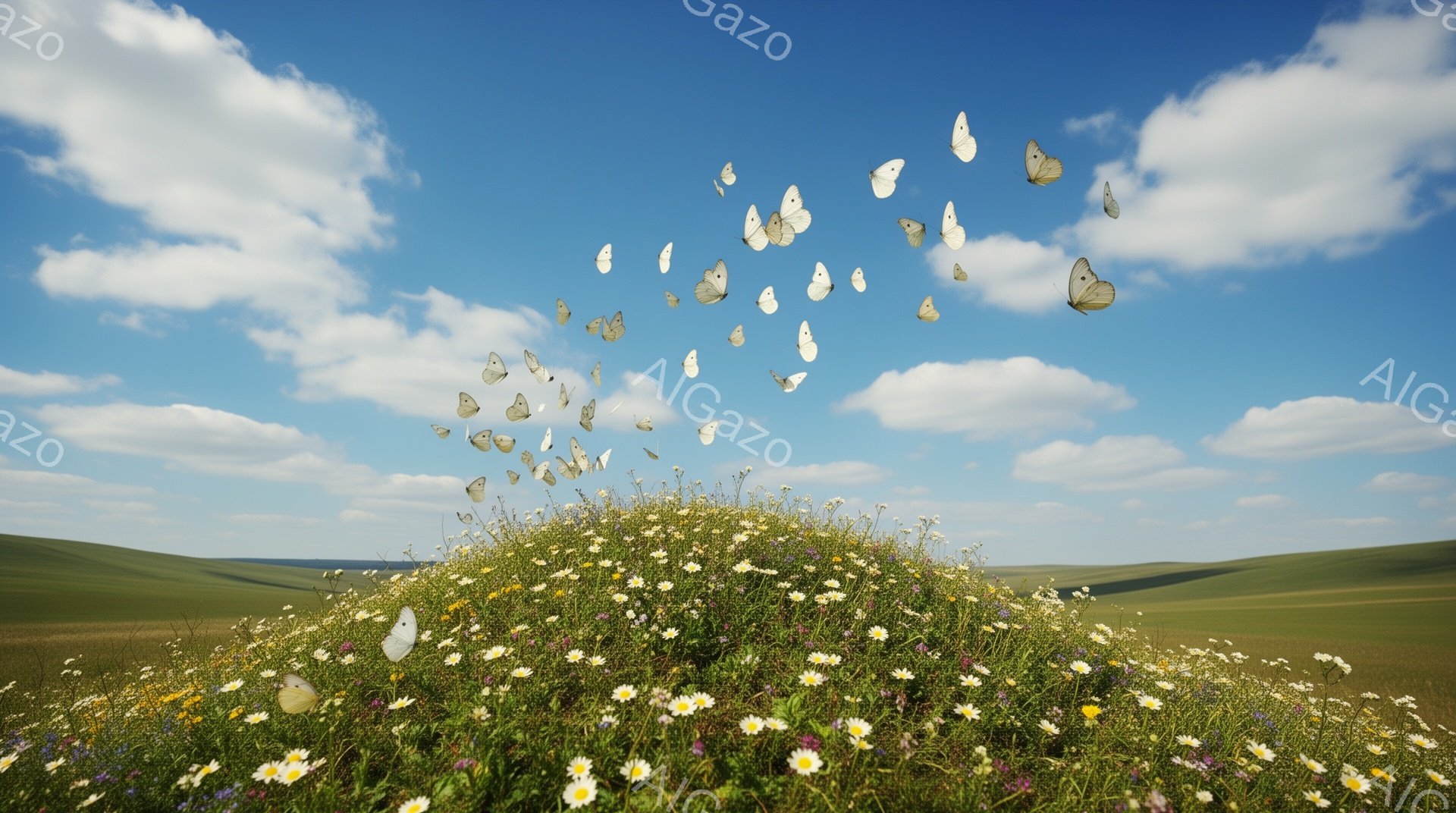 広大な緑の丘に、白い花が密集した野原が広がっています。無数の白い蝶が花の上を舞い、生き生きとした生命の息吹を感じさせます。青空と白い雲が広がり、穏やかで平和な夏の日の光景です。 - AI生成フリー素材
