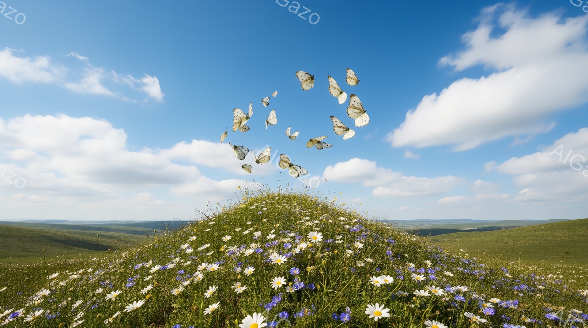 緑豊かな丘一面に、白や紫の小さな花々が咲き乱れ、空にはたくさんの白い蝶が舞っている。晴れた青空と白い雲が広がり、遠くにはなだらかな丘陵地帯が連なっている。穏やかで平和な、夏の日の美しい風景だ。 - AI生成フリー素材