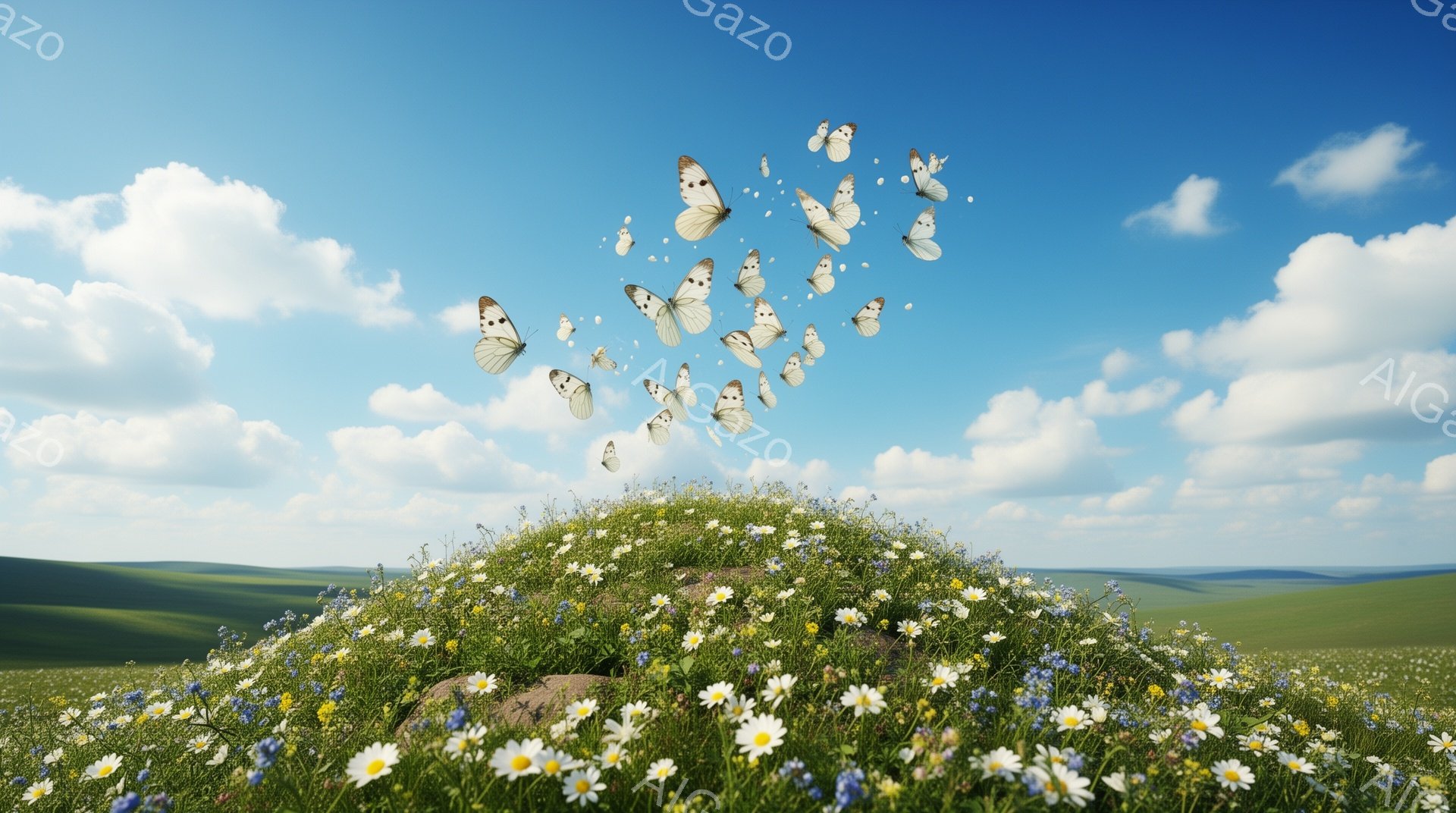 鮮やかな緑の丘一面に、白と青の小さな花々が咲き乱れ、その上を無数の白い蝶が舞い上がっている様子が描かれている。空は晴れ渡り、白い雲が浮かび、遠くにはなだらかな丘陵が広がっている。この光景は、平和で穏や - AI生成フリー素材