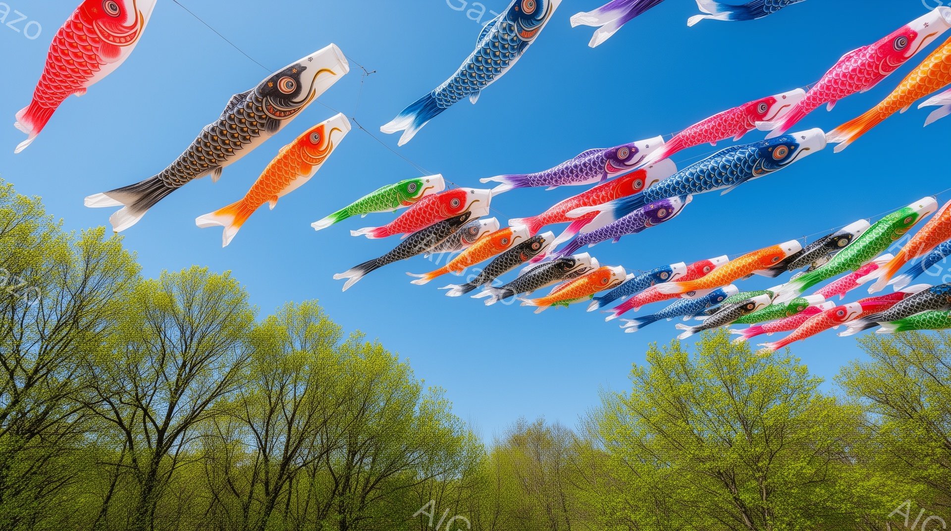 空には色とりどりの鯉のぼりが並んで空を泳いでいます。背景には緑豊かな木々と澄んだ青空が広がり、春の穏やかな一日を表しています。鯉のぼりは、子どもたちの成長と成功を願う伝統的な日本の装飾品です。
