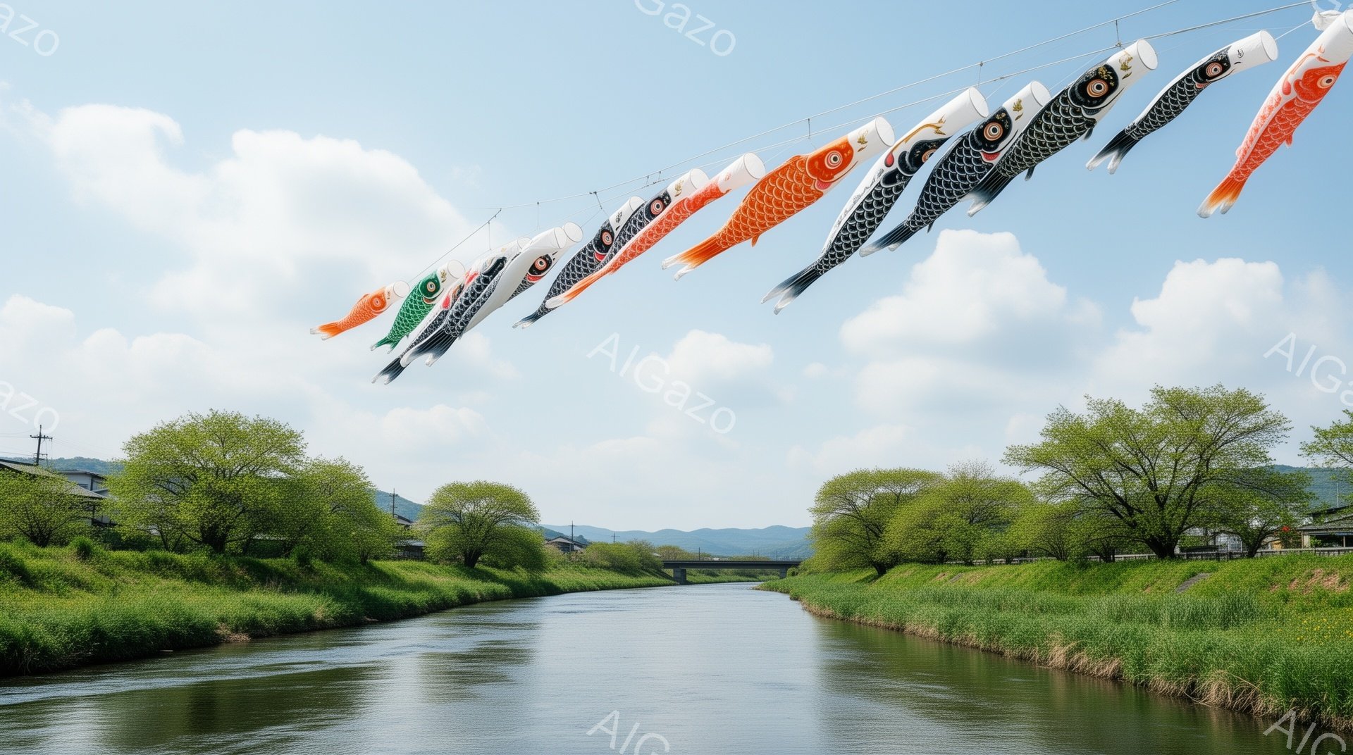 青空の下、川の上に色とりどりの鯉のぼりが並んで泳いでいる様子が描かれています。川岸には緑豊かな草が生い茂り、背景には穏やかな山並みが広がっています。春の陽気を感じさせる、平和で穏やかな情景です。 - AI生成フリー素材