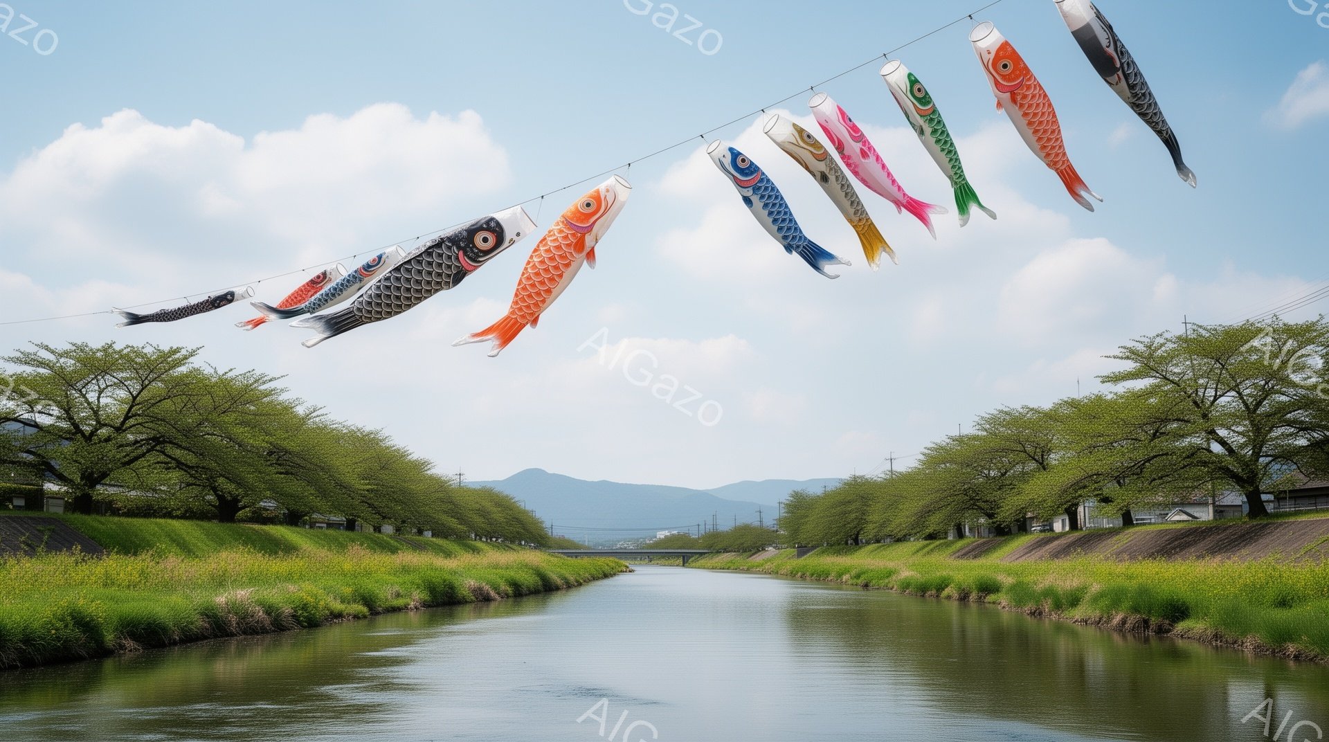 穏やかな空の下、川沿いに色とりどりの鯉のぼりが並んで空を泳いでいる。川の両岸には緑豊かな草が生い茂り、背景には山並みと住宅地が見え、春の陽気な雰囲気が漂っている。鯉のぼりは風に吹かれ、子供たちの成長と - AI生成フリー素材