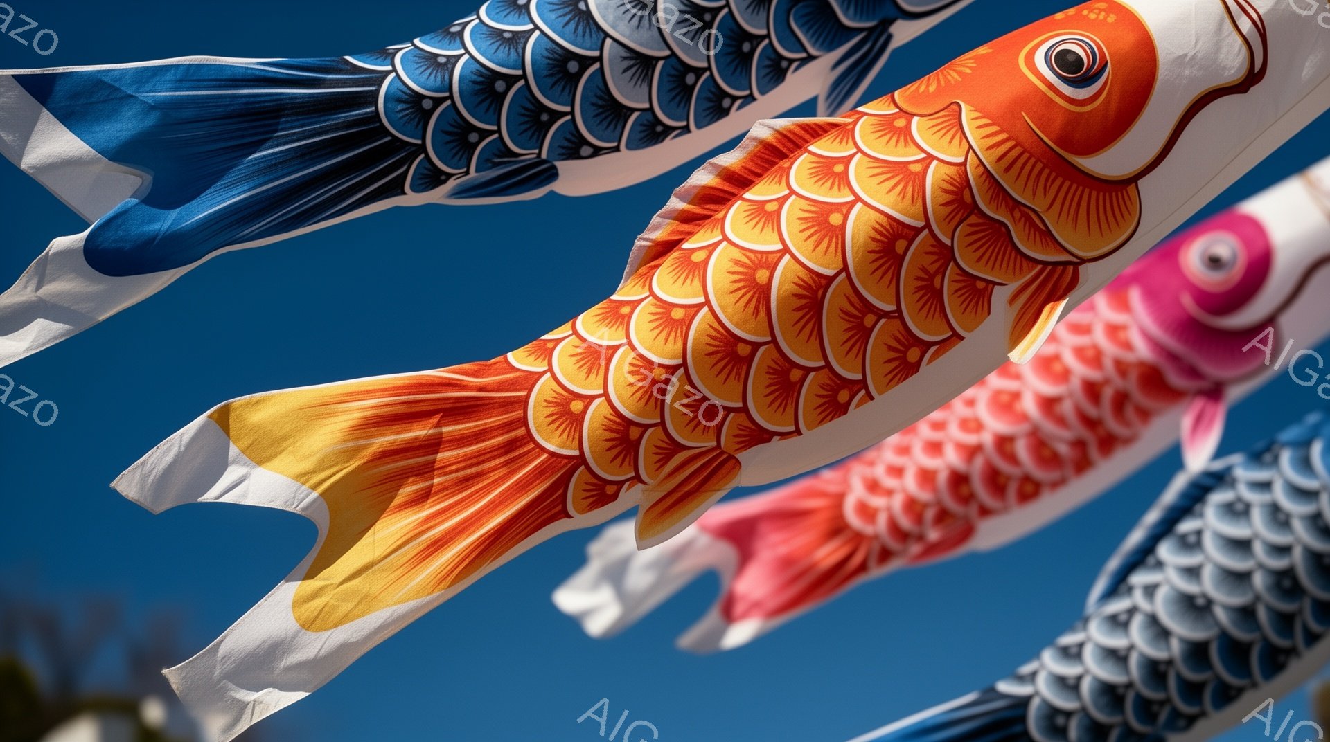 鮮やかな鯉のぼりが青空を背景に舞っている様子が写っている。鯉の模様は、赤、オレンジ、青、白と様々で、それぞれ鱗が細かく描かれている。風が吹くことで、鯉のぼりが躍動感を持って空を泳いでいるように見え、子 - AI生成フリー素材