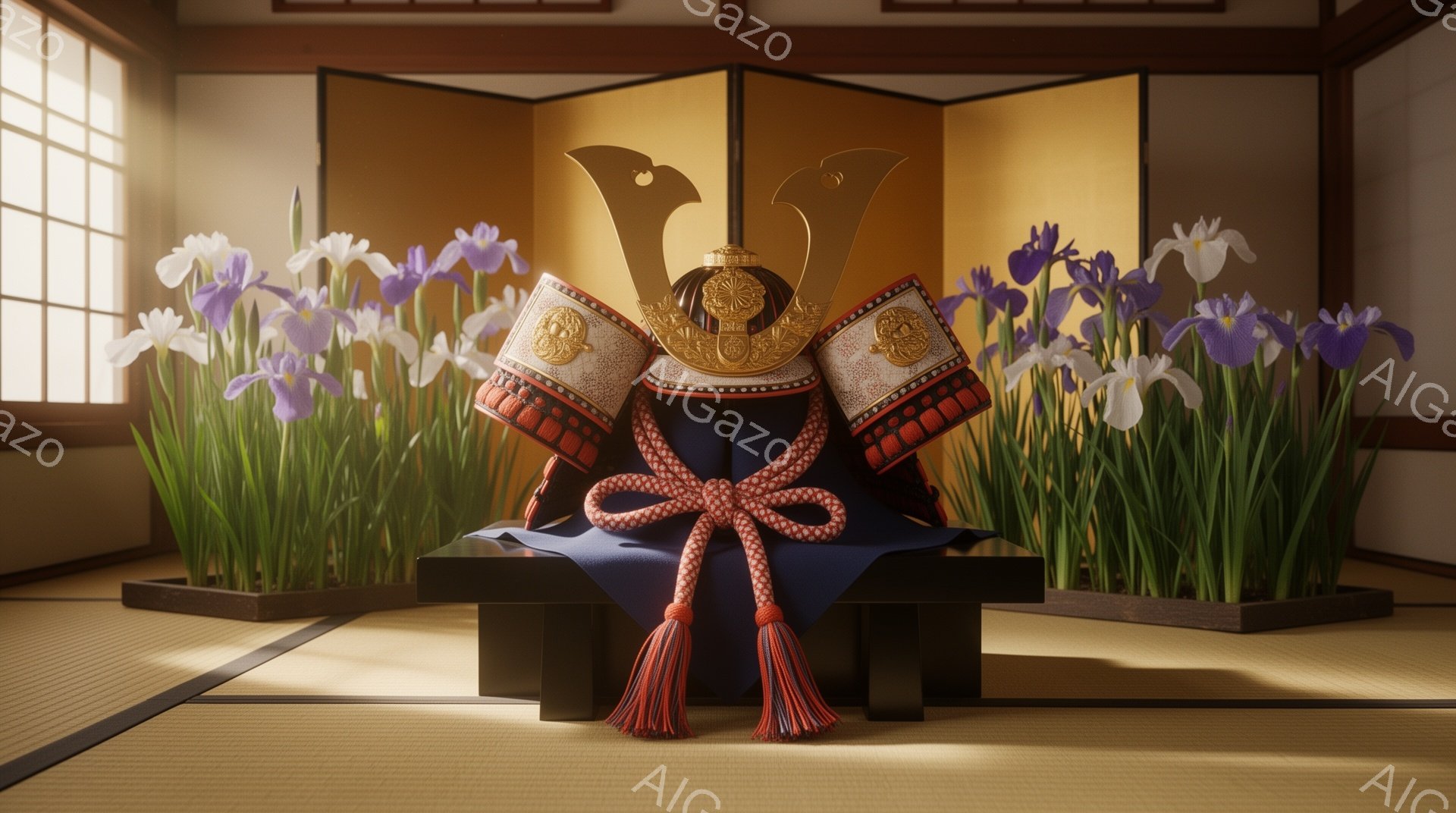 畳の上に、兜と鎧が置かれた様子が描かれています。背景には屏風と紫の菖蒲が飾られ、日本の伝統的な武家文化を感じさせます。光が差し込み、静かで厳かな雰囲気を醸し出しています。