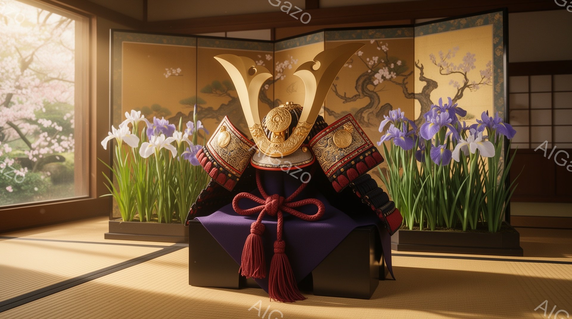 畳の上に、鮮やかな紫色の台座に飾られた武士の兜が置かれています。背景には桜の絵が描かれた屏風と、紫の菖蒲が活けられた花器があり、日本の春の穏やかな雰囲気が漂っています。兜は金色の装飾が施され、精巧で堂 - AI生成フリー素材