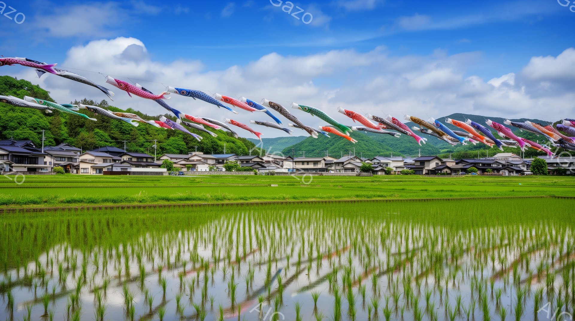 広大な田んぼに鯉のぼりがたくさん泳いでいる様子が描かれています。背景には日本の伝統的な家並みが並び、遠くには緑豊かな山々が連なっています。晴天で、空には白い雲が浮かび、穏やかで平和な春の日の雰囲気が伝わってきます。