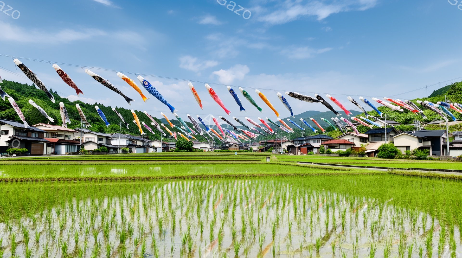広々とした田んぼの中に水が張られ、鯉のぼりが多数空中に舞っている風景です。背景には家々が並び、遠くには緑豊かな山々が見え、晴天の下、穏やかな春の日の雰囲気が伝わってきます。鯉のぼりはカラフルで、水田の緑と空の青とのコントラストが美しく、日本の伝統的な行事の温かさを感じさせます。