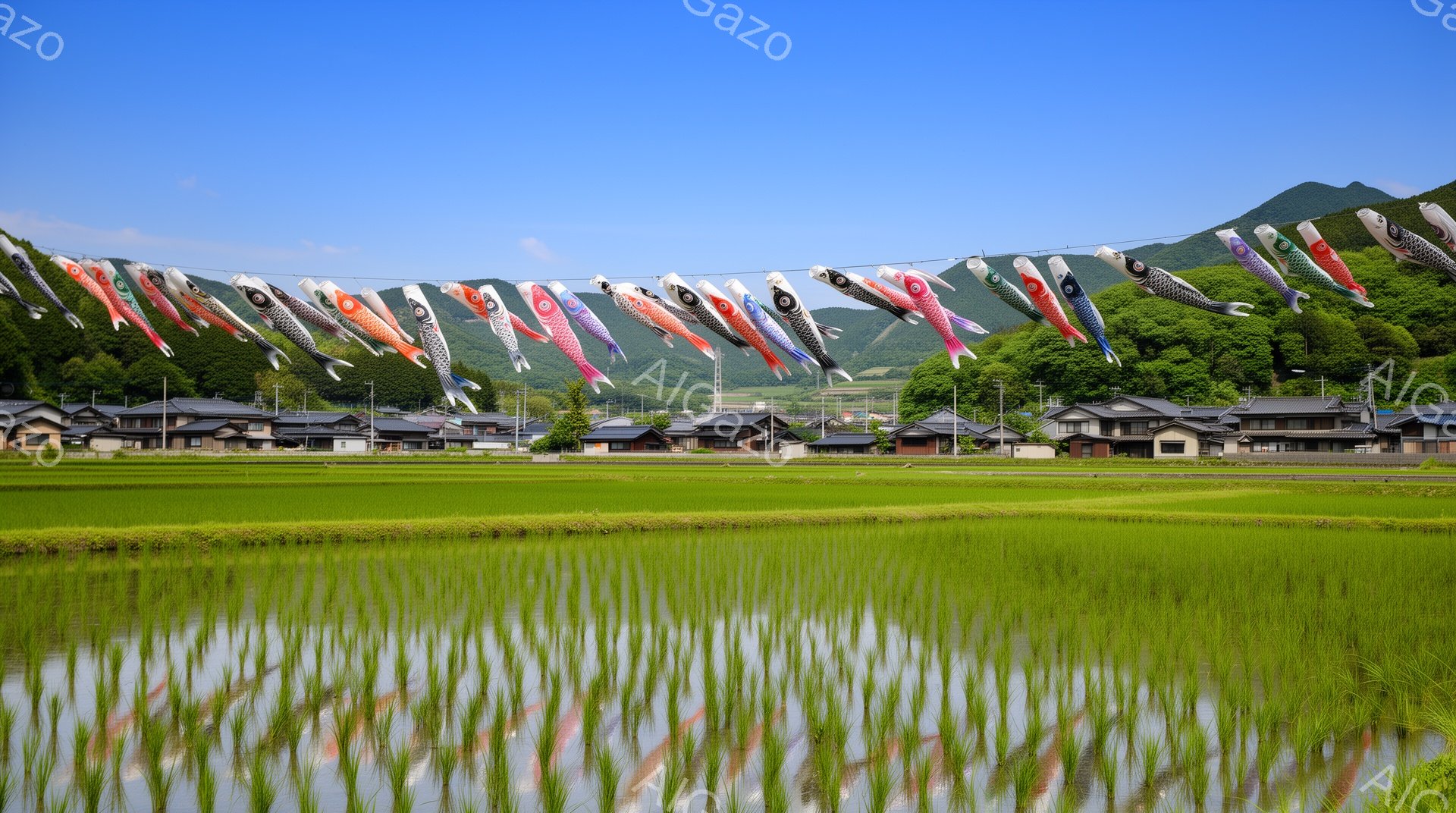 広々とした田んぼの中に水が張られ、鯉のぼりが空を舞っている風景です。背景には可愛らしい家並みが広がり、遠くには緑豊かな山々が連なっています。晴天で、穏やかで平和な雰囲気が漂っています。