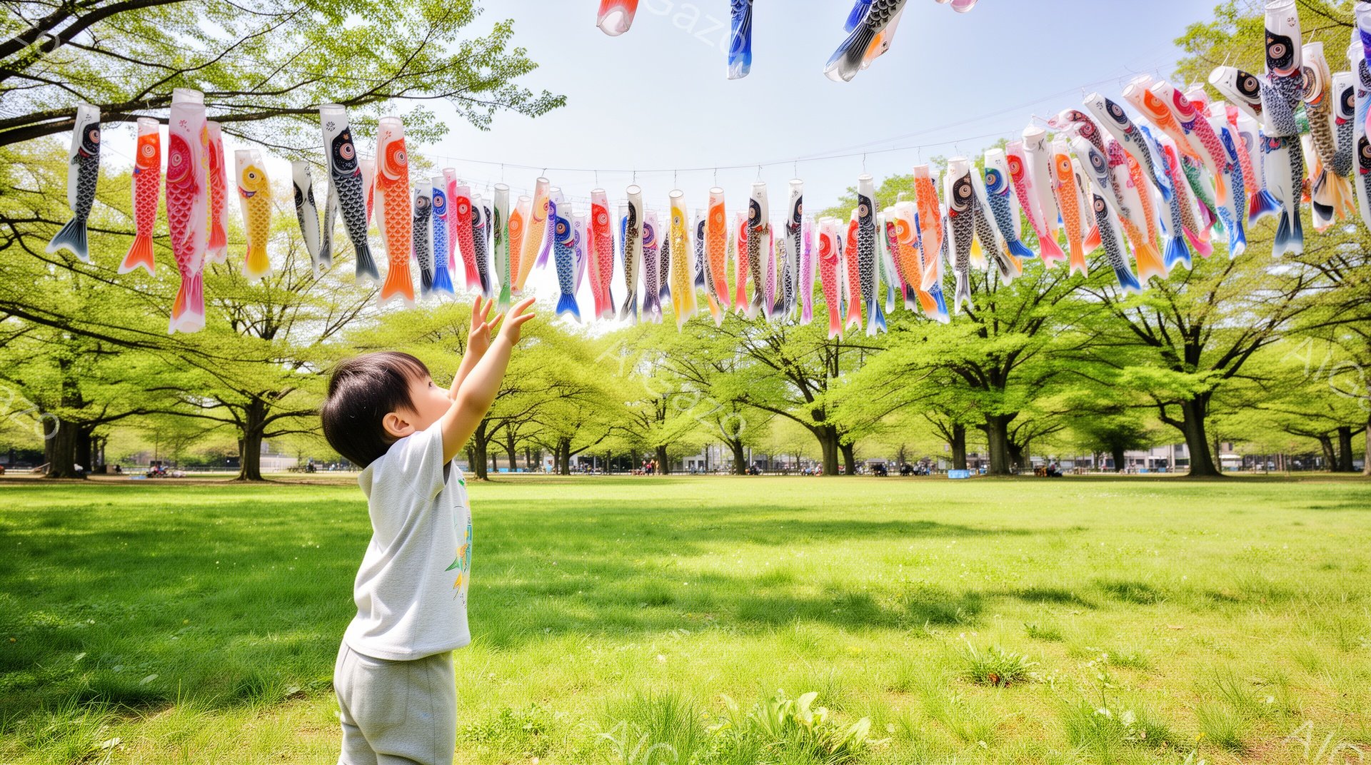 小さな男の子が、鯉のぼりがたくさん並んだ空を見上げています。緑色のTシャツに薄い灰色のズボンを履き、短い髪型で、少し上向きに顔を傾けて鯉のぼりを眺めています。背景には緑豊かな木々と芝生、そして遠くに見 - AI生成フリー素材