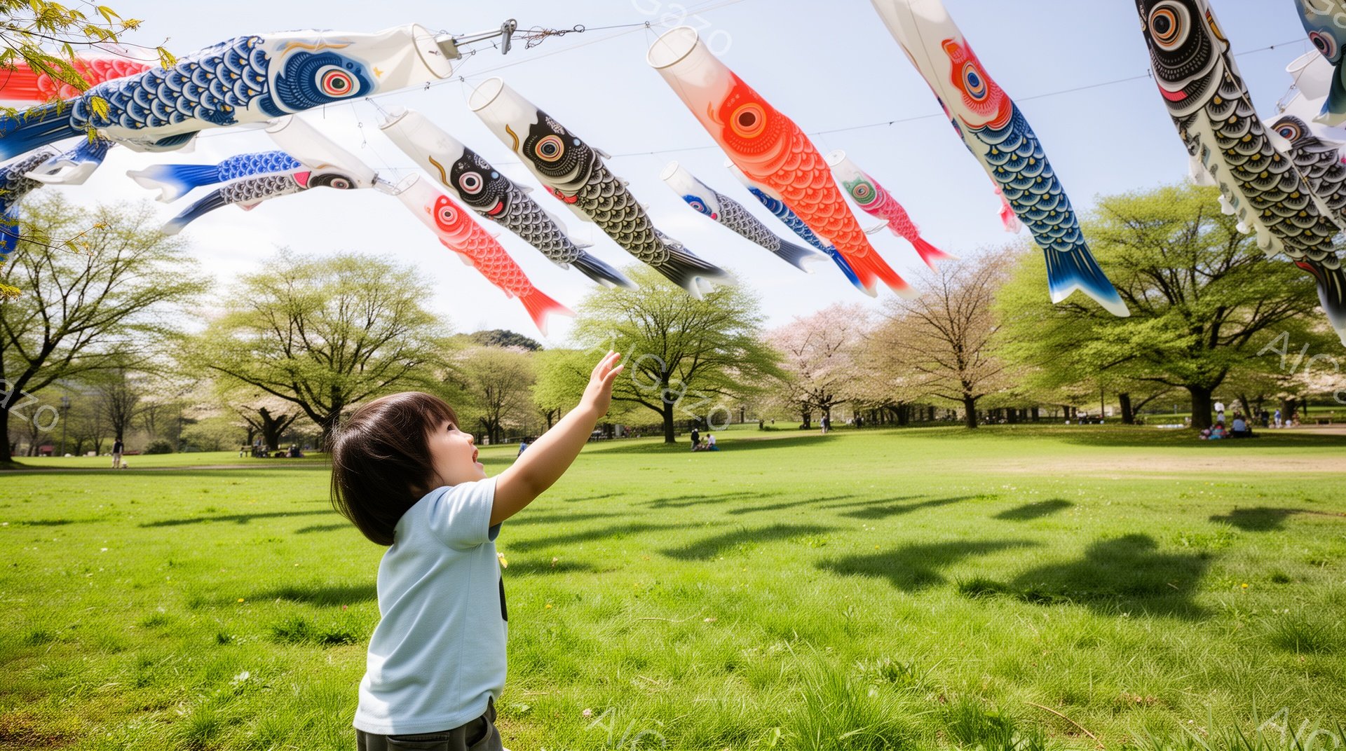 少女は緑豊かな芝生の上で鯉のぼりに手を伸ばしています。彼女は白いTシャツとデニムのズボンを身につけ、黒い髪を後ろで結んでいます。背景には桜の木々が並び、青空の下、春の穏やかな陽気を感じさせる、子供らし - AI生成フリー素材