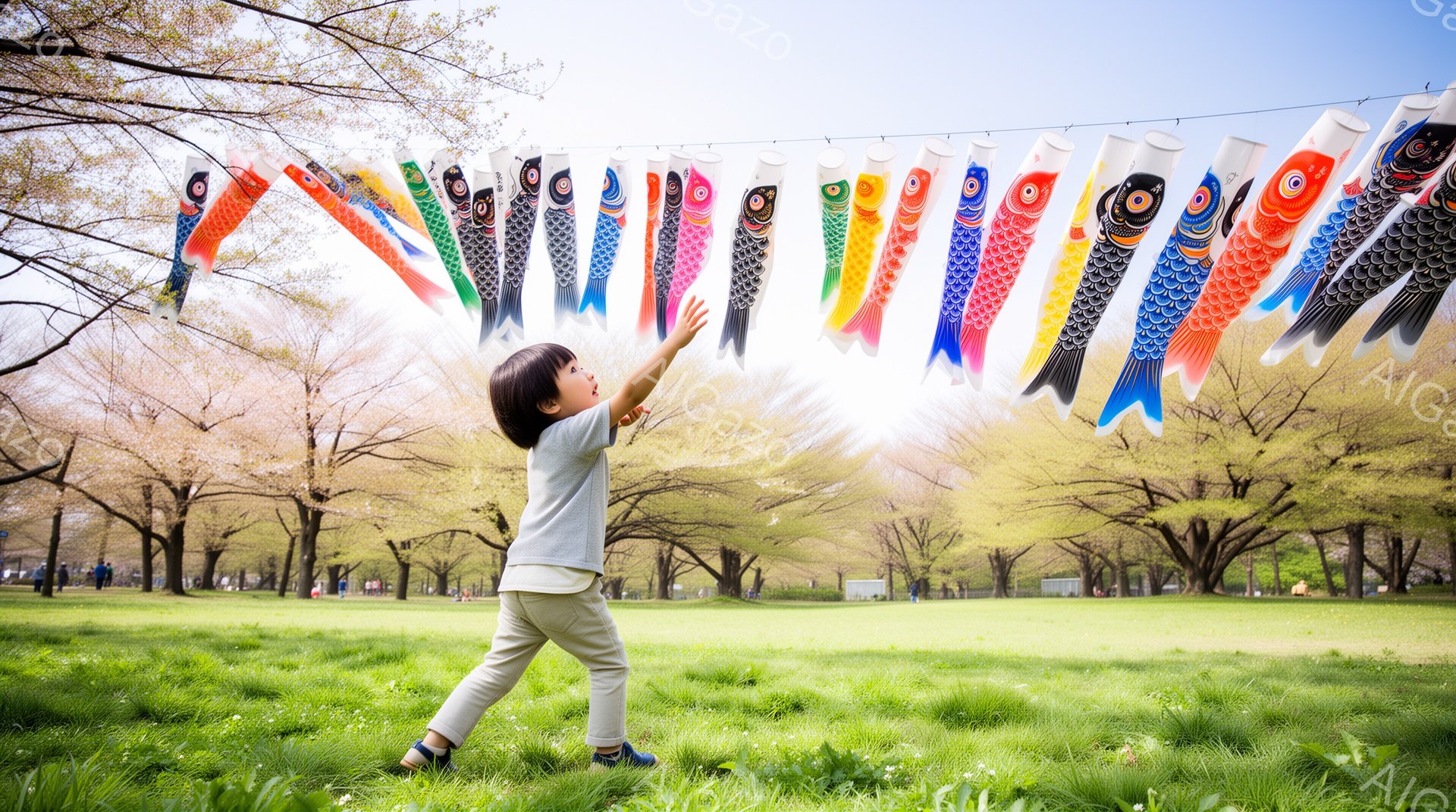 幼い男の子が鯉のぼりを目がけて手を伸ばしています。緑色の芝生の上で、彼はグレーのTシャツと紺色のズボンを着用し、片足にサポートバンドをつけています。背景には桜並木が広がり、遠くには人々や建物が見え、晴 - AI生成フリー素材