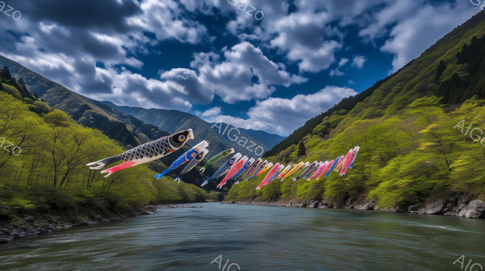 鮮やかな鯉のぼりが、緑豊かな山々に囲まれた川の上を整然と泳いでいる様子が描かれています。空は晴れ間が見えつつも雲が多く、川の水面は穏やかに輝き、春の暖かな日差しを感じさせます。背景の山々は緑で覆われ、 - AI生成フリー素材