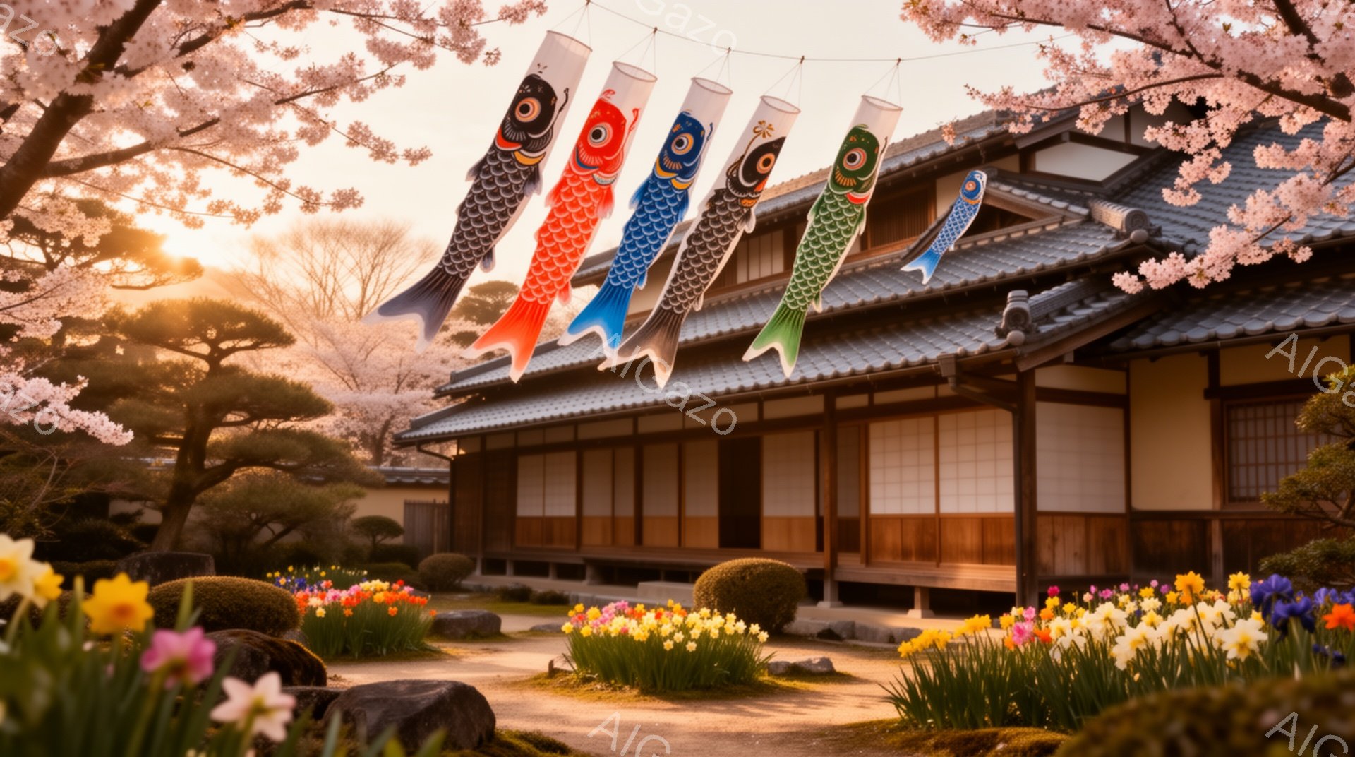 桜並木と鮮やかな鯉のぼりが美しい春の庭園です。伝統的な日本家屋が背景にあり、庭にはチューリップやスイセンなどの色とりどりの花が咲き乱れています。穏やかな日差しが差し込み、暖かく平和な雰囲気が漂っていま - AI生成フリー素材