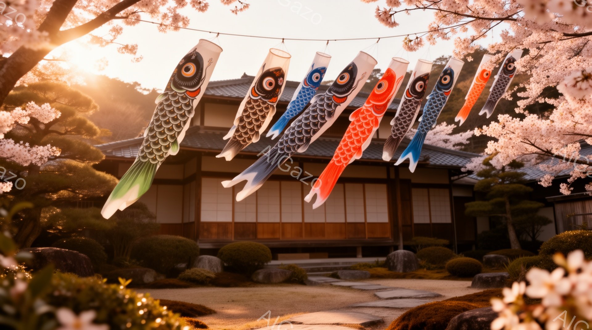 空には鯉のぼりが一列に飾られており、赤、青、黒、白などの鮮やかな色彩が印象的です。背景には伝統的な日本家屋と手入れの行き届いた庭園が広がり、桜の花びらが舞い散る美しい春の風景が広がっています。穏やかな日差しが全体を照らし、平和で穏やかな雰囲気を醸し出しています。