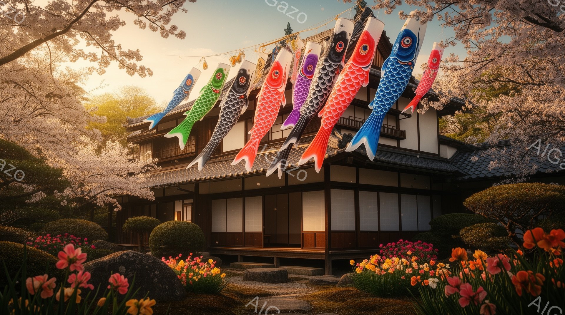 伝統的な日本の家屋が、桜並木と色とりどりの鯉のぼりに囲まれています。庭には手入れの行き届いた庭園があり、色鮮やかな花々が咲き誇り、穏やかで春らしい雰囲気を醸し出しています。鯉のぼりは風に揺れ、家の屋根 - AI生成フリー素材