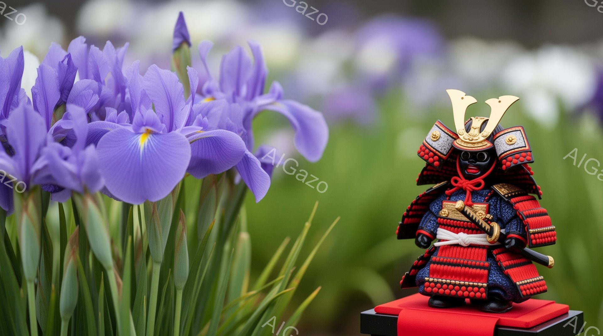 鮮やかな紫色の菖蒲の花が背景にぼやけて写っており、手前に鎧兜を身につけた武者人形が置かれています。人形は黒い顔に白いひげ、金色の装飾が施された兜を被り、赤い紐で結ばれた鎧を着ています。台座は赤色で、全 - AI生成フリー素材