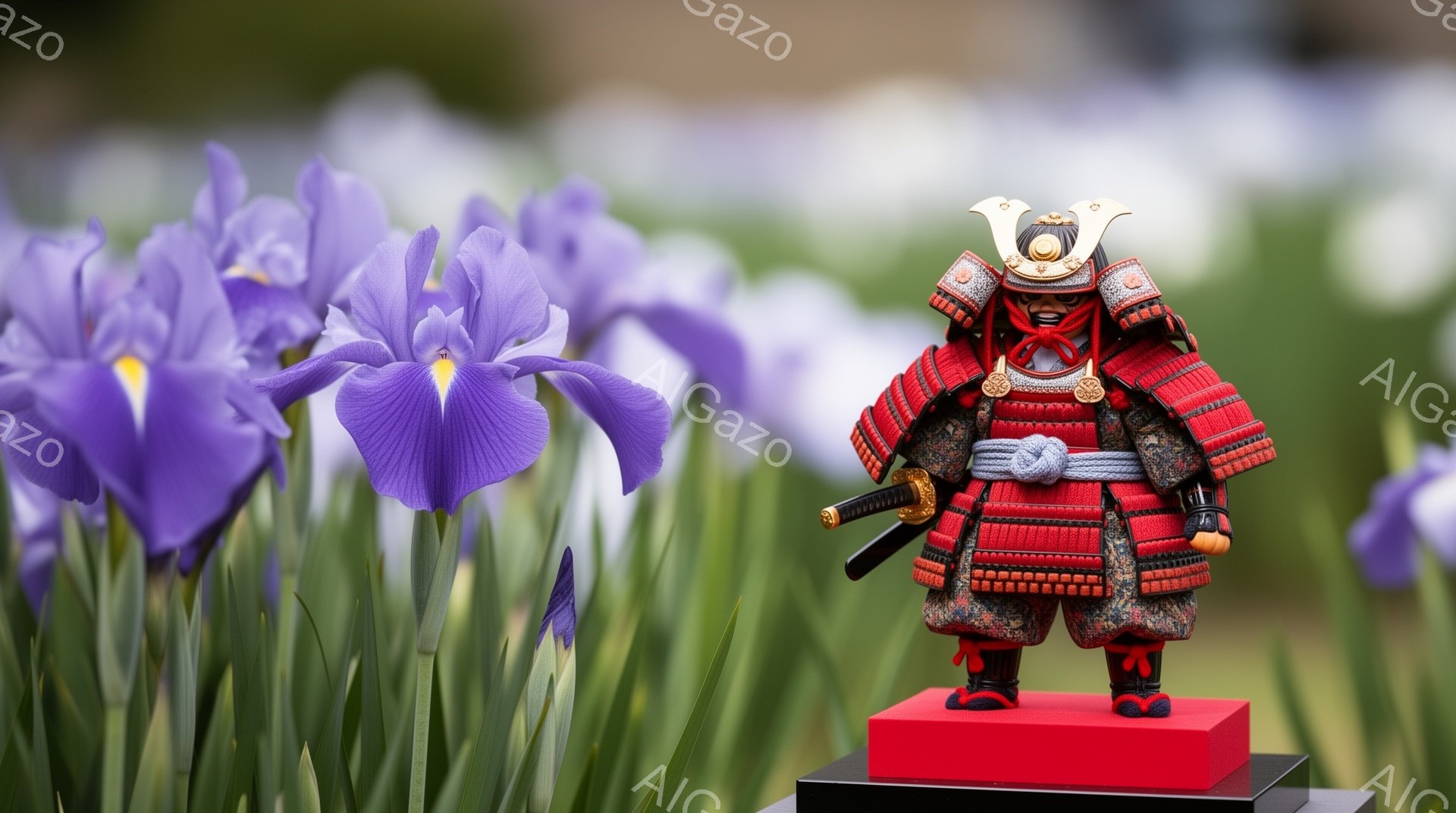 赤色の鎧を身につけた武者人形が、緋色の台座の上に立っている。背景には紫色の菖蒲が咲き乱れ、ぼかしがかかっており、人形が引き立っている。武者人形は、金色の兜と面をつけ、凛々しい表情で直立しており、日本の - AI生成フリー素材