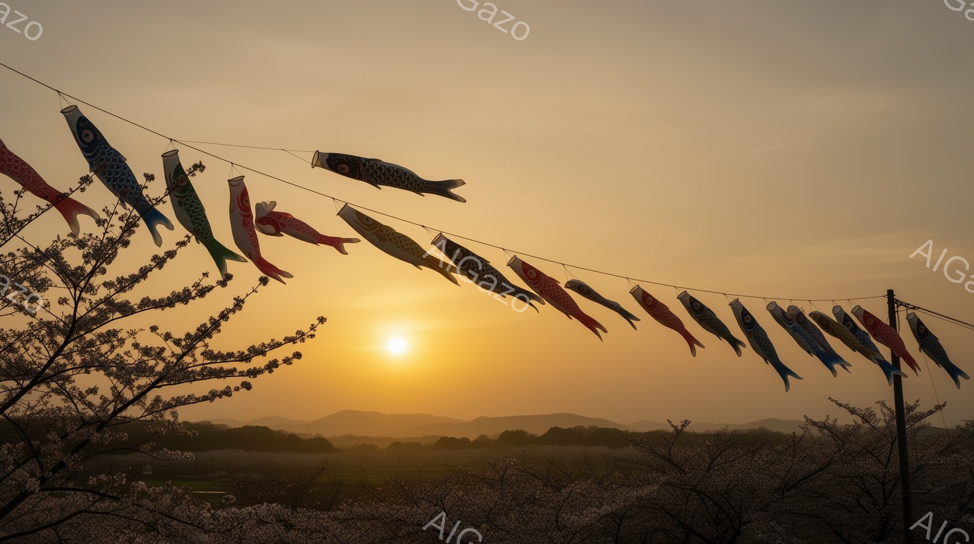 空には夕焼けが広がり、鯉のぼりが一列に並んで空を泳いでいるように見える。桜の花びらが咲き誇る桜の木々が、鯉のぼりの鮮やかな色彩と夕焼けのオレンジ色のグラデーションを際立たせ、穏やかで幻想的な雰囲気を醸 - AI生成フリー素材