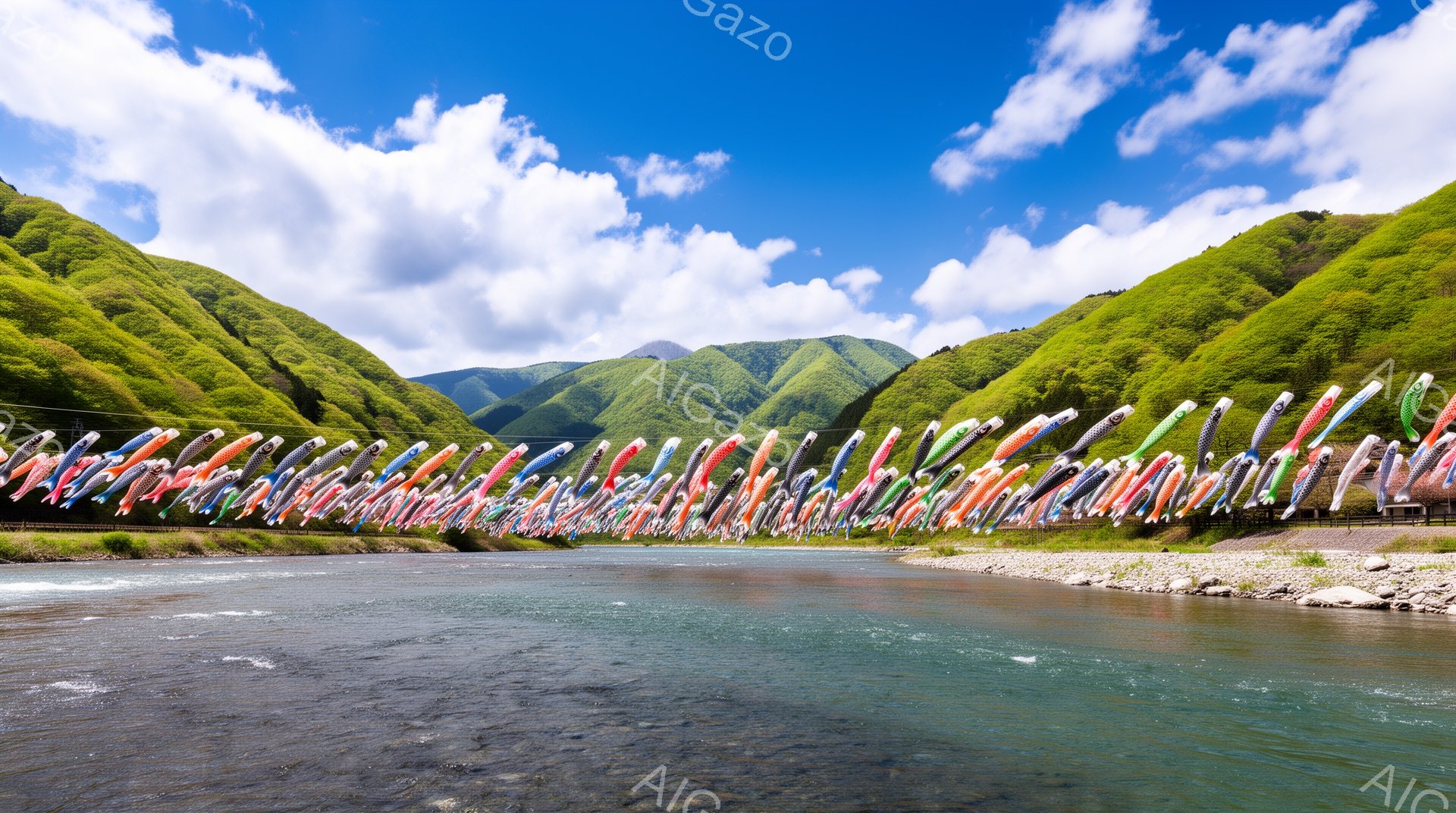 鮮やかな鯉のぼりが川の上を整然と並んで泳いでいる様子が描かれています。周囲は緑豊かな山々に囲まれ、晴天の下、水面は穏やかに流れ、のどかな田園風景が広がっています。鯉のぼりは赤、白、青、緑など様々な色で、子供たちの健やかな成長を願う端午の節句の風情を感じさせます。