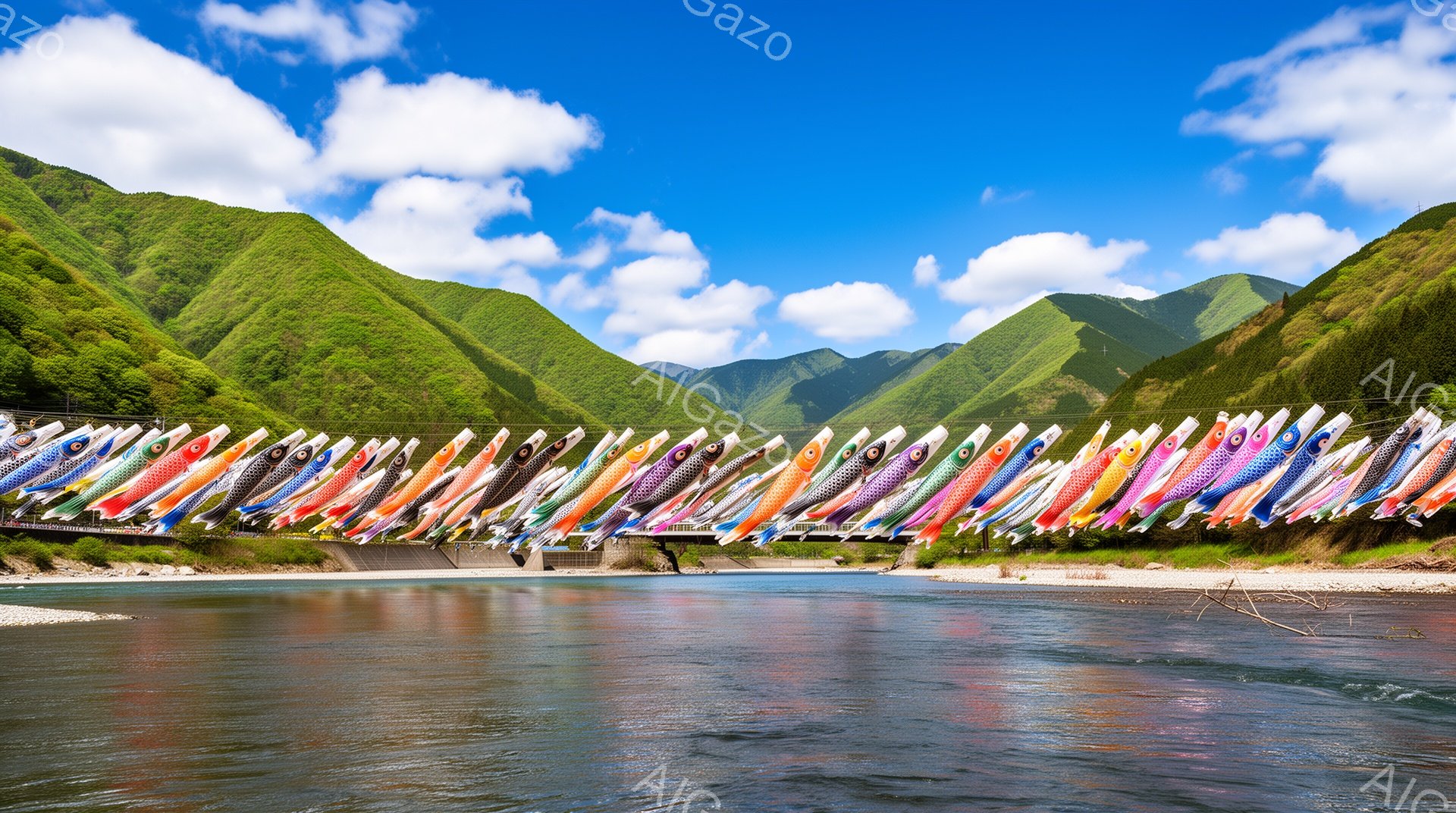 青空の下、川の上を鯉のぼりが何十匹も並んで泳いでいるように見える光景です。背景には緑豊かな山々が連なり、川の流れは穏やかで、水面に空と鯉のぼりが映り込んでいます。全体的に明るく、穏やかで、子供の日のよ - AI生成フリー素材
