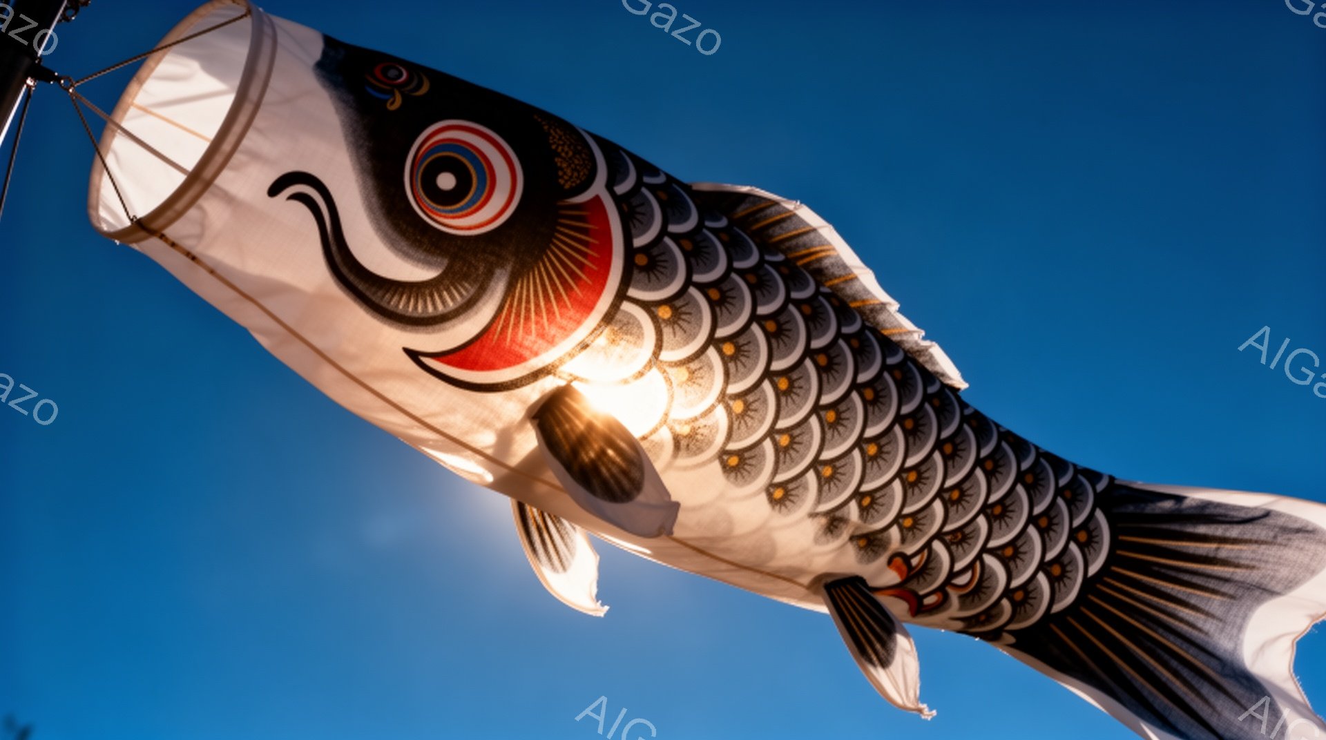 青空に鯉のぼりが大きく浮かんでいます。白地に黒と赤の模様が印象的で、鱗一つ一つが丁寧に描かれています。太陽光が鯉のぼりを照らし、鮮やかな色彩と躍動感のある姿が、子供の日の喜びを象徴しています。