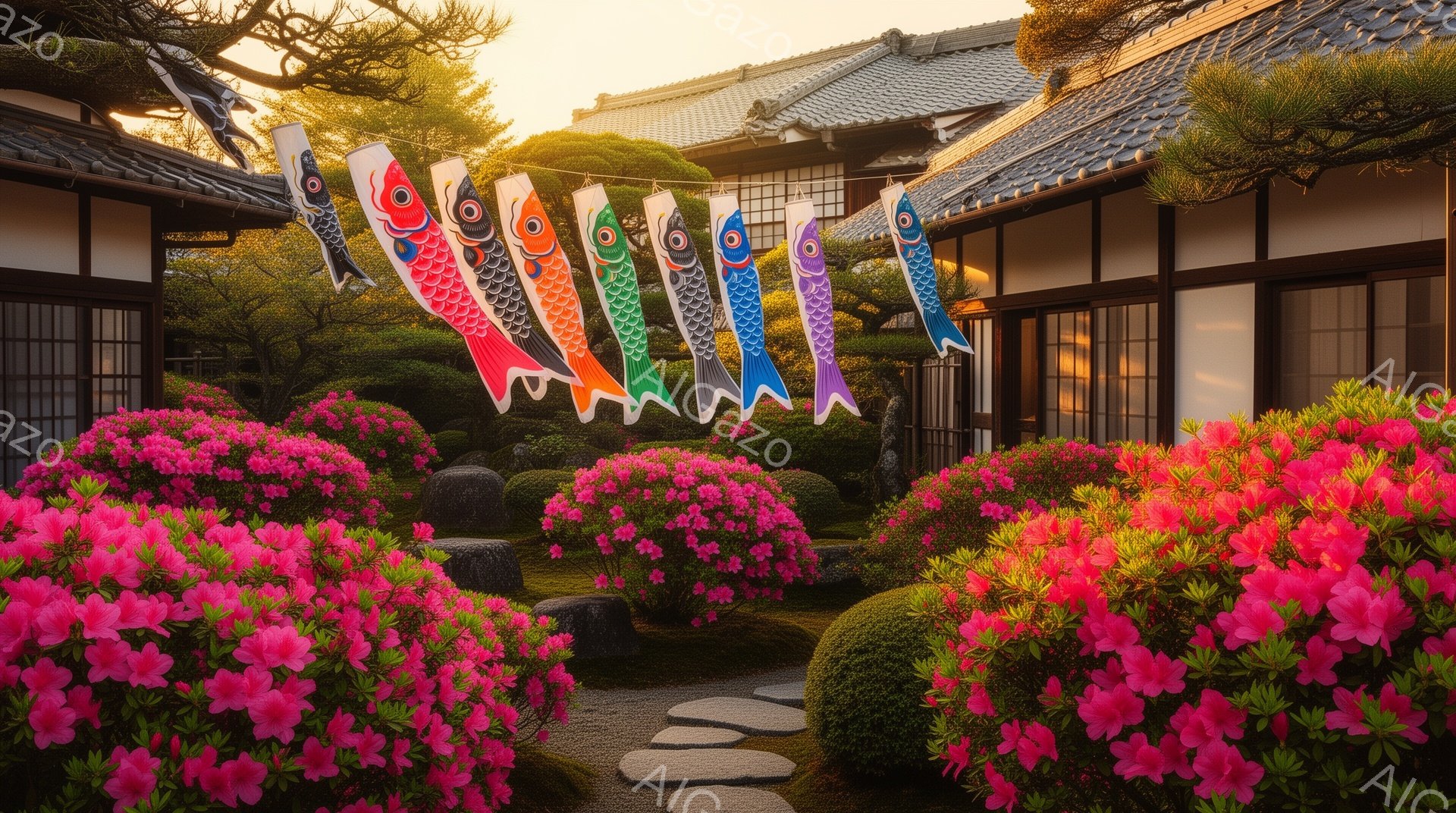 鮮やかなピンクのつつじの花が庭一面に咲き誇り、石畳の道と緑の丸い植木が配置された日本庭園である。鯉のぼりが数匹、建物の間に吊るされ、春の穏やかな日差しを受けている。伝統的な日本の建築様式が背景に見え、全体的に静かで落ち着いた、祝祭的な雰囲気が漂う。