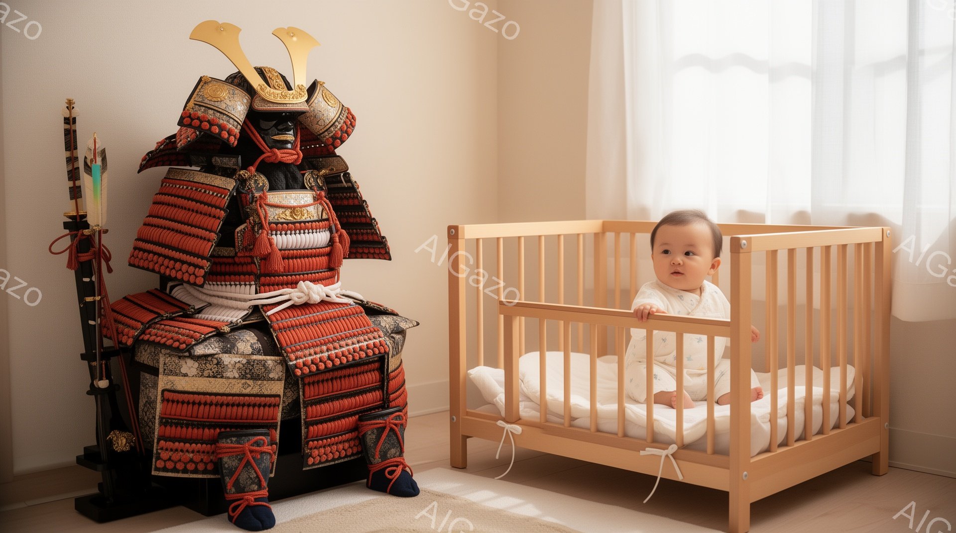 部屋の隅には、豪華な赤い甲冑が置かれており、金色の装飾が目を引きます。幼児は木製のベビーベッドの中で、少し微笑みながら、好奇心いっぱいの表情で外を見つめています。部屋は明るく、穏やかな雰囲気で、伝統と新しい命の出会いを感じさせます。