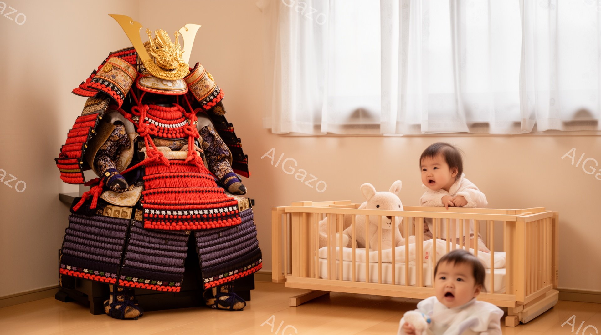 鮮やかな赤色の鎧を身につけた武者が部屋に立っている。鎧は精巧な装飾が施され、金色の兜は威厳がある。幼児が2人、ベビーベッドの近くに座り、驚いた表情で武者を眺めている。
