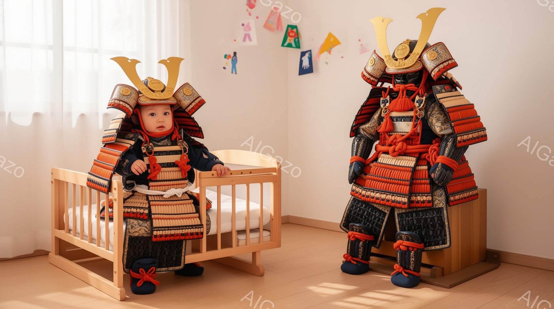 端午の節句の鎧兜を着た幼い男の子が、木製のベビーベッドのそばに座っています。赤い紐で結ばれた飾り紐が特徴的な鎧を身につけ、少し困ったような表情でカメラを見ています。背景には同じく鎧兜が飾られており、壁には子供向けの装飾がわずかに見え、室内は明るく穏やかな雰囲気です。