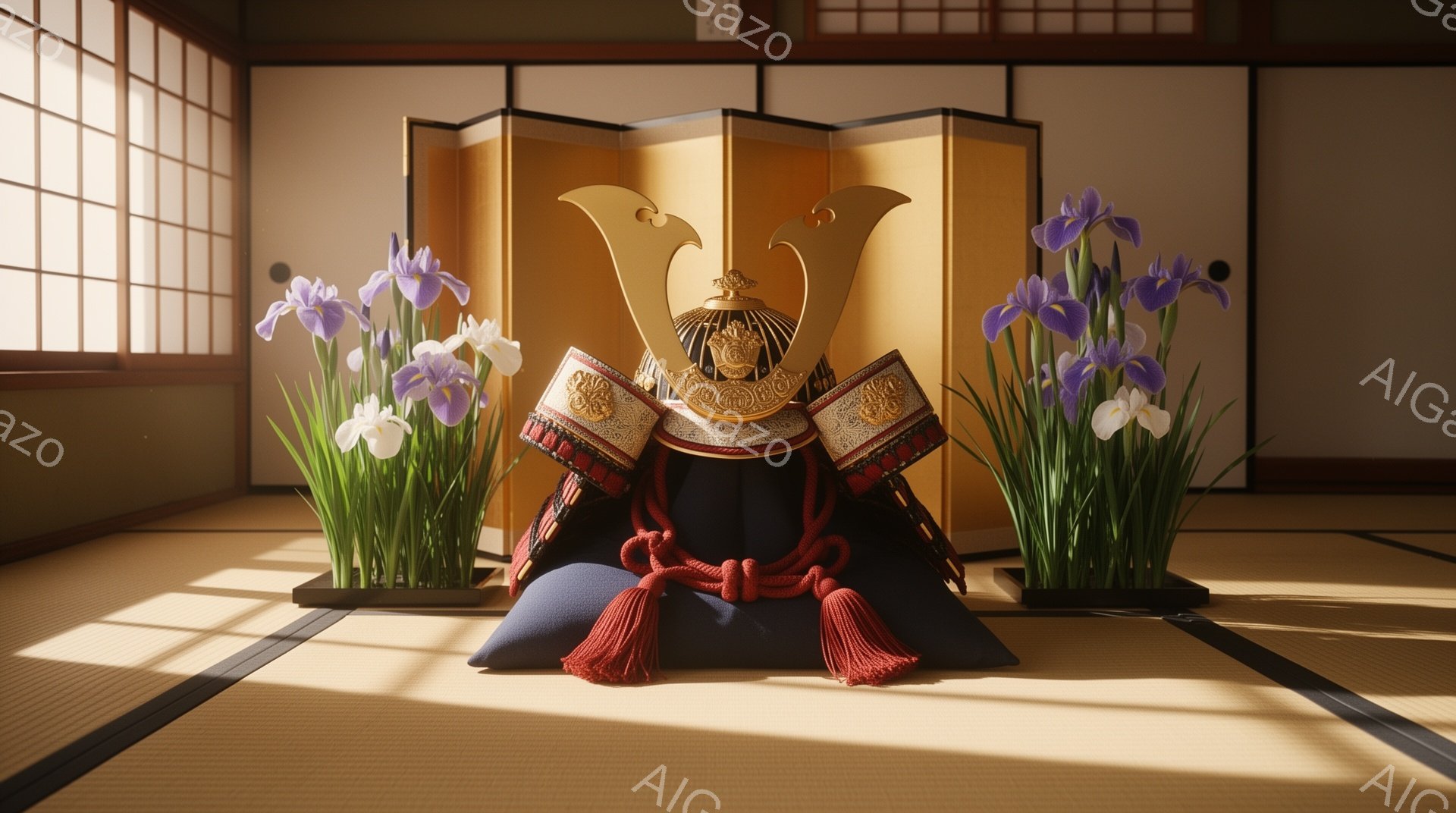 畳の上に兜が置かれ、その両脇には紫色の菖蒲が活けられています。背景には金色の屏風が設置されており、部屋全体が柔らかな光に包まれています。武家の正装である兜と菖蒲の組み合わせは、端午の節句の雰囲気を醸し出しています。