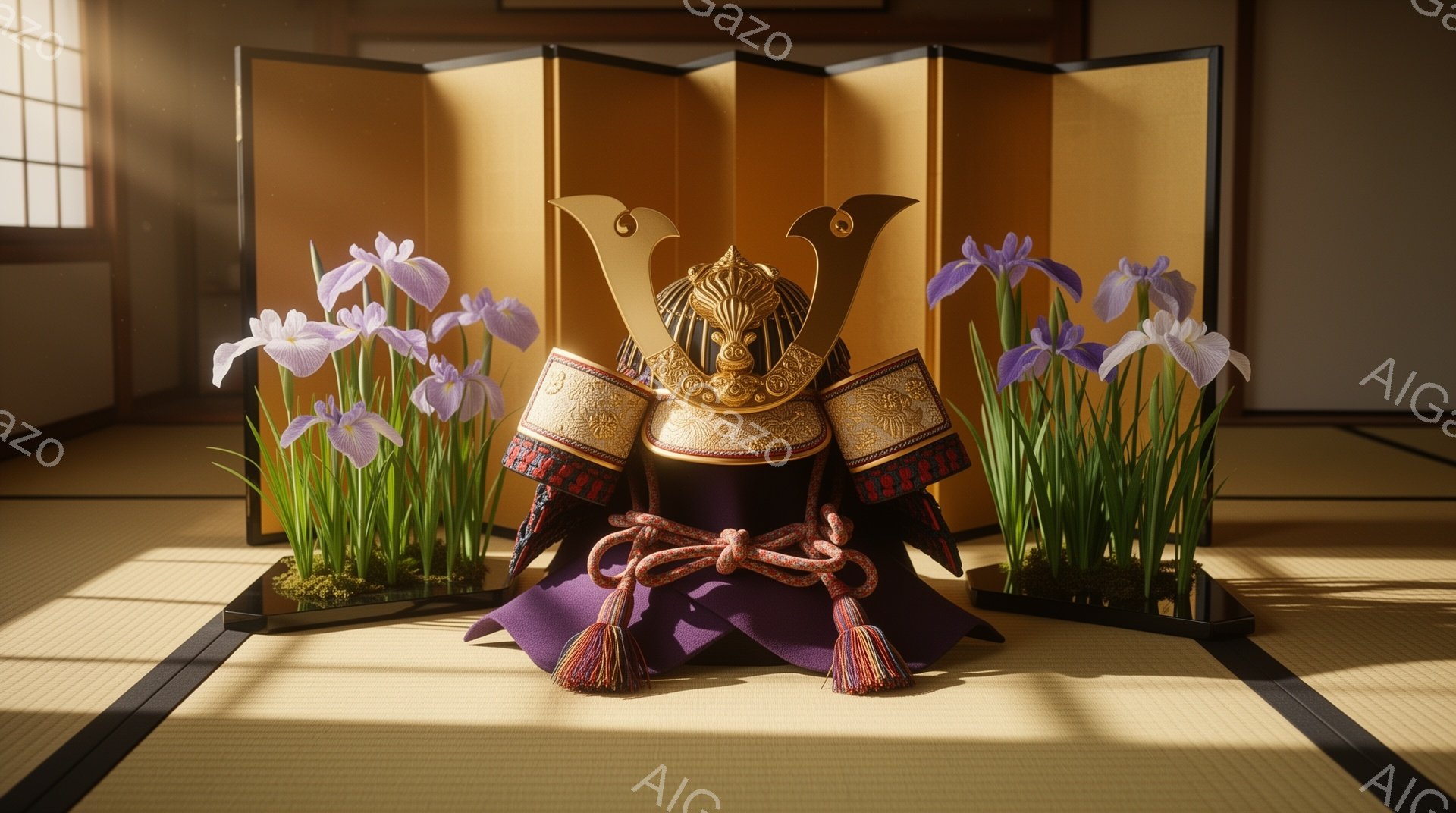 畳の上に、武士の兜と紫色の菖蒲の花が飾られています。兜は金色の装飾が施され、朱色の紐で結ばれた鎧の一部が見えます。背景には屏風があり、柔らかな光が差し込み、穏やかで荘厳な雰囲気を醸し出しています。