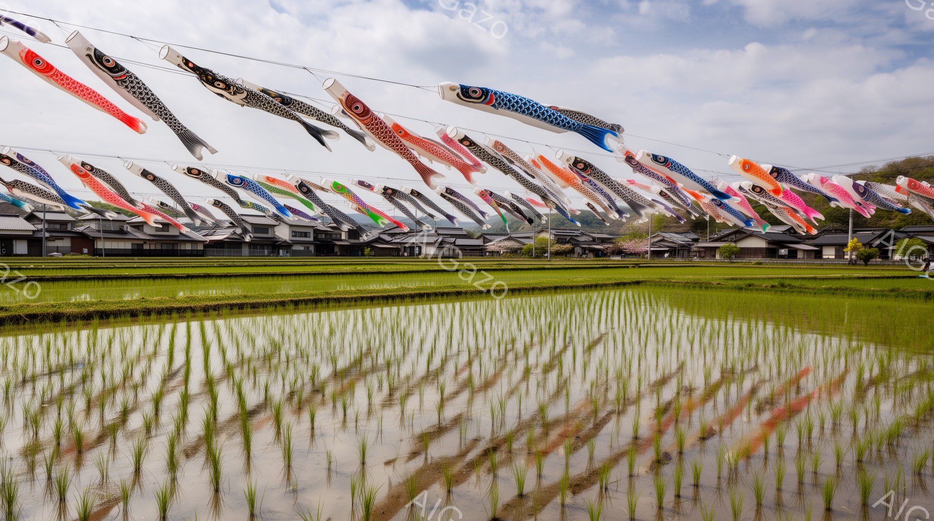 広大な田んぼの中に水が張られ、鯉のぼりが空中に整然と並んでいる。背景には伝統的な日本家屋が点在し、桜の木が咲き始めていることから春の穏やかな日であることがわかる。鯉のぼりの鮮やかな色彩が、緑の田んぼと - AI生成フリー素材